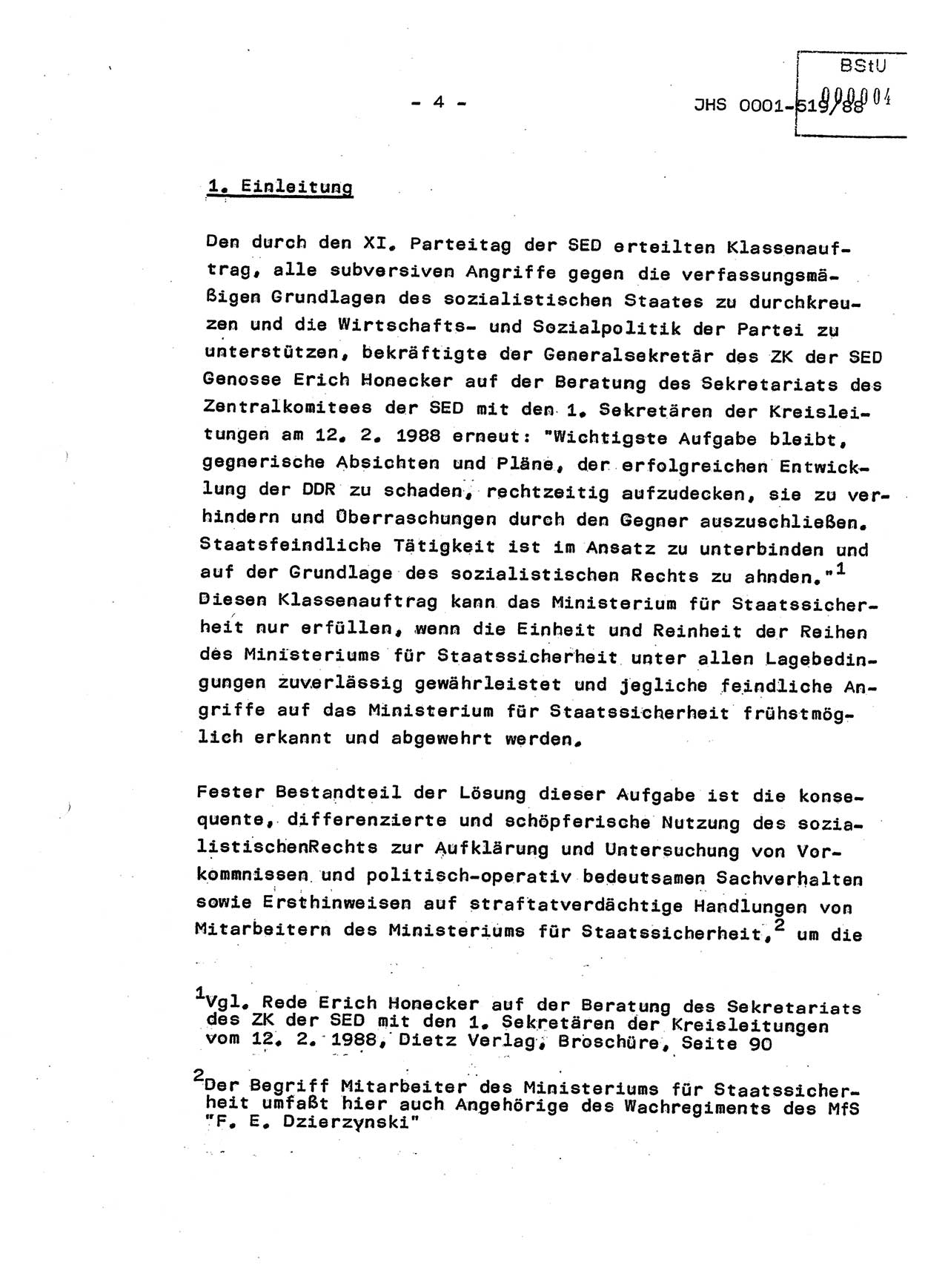 Diplomarbeit, Hauptmann Michael Eisermann (HA Ⅸ/5), Ministerium für Staatssicherheit (MfS) [Deutsche Demokratische Republik (DDR)], Juristische Hochschule (JHS), Vertrauliche Verschlußsache (VVS) o001-519/88, Potsdam 1988, Seite 4 (Dipl.-Arb. MfS DDR JHS VVS o001-519/88 1988, S. 4)