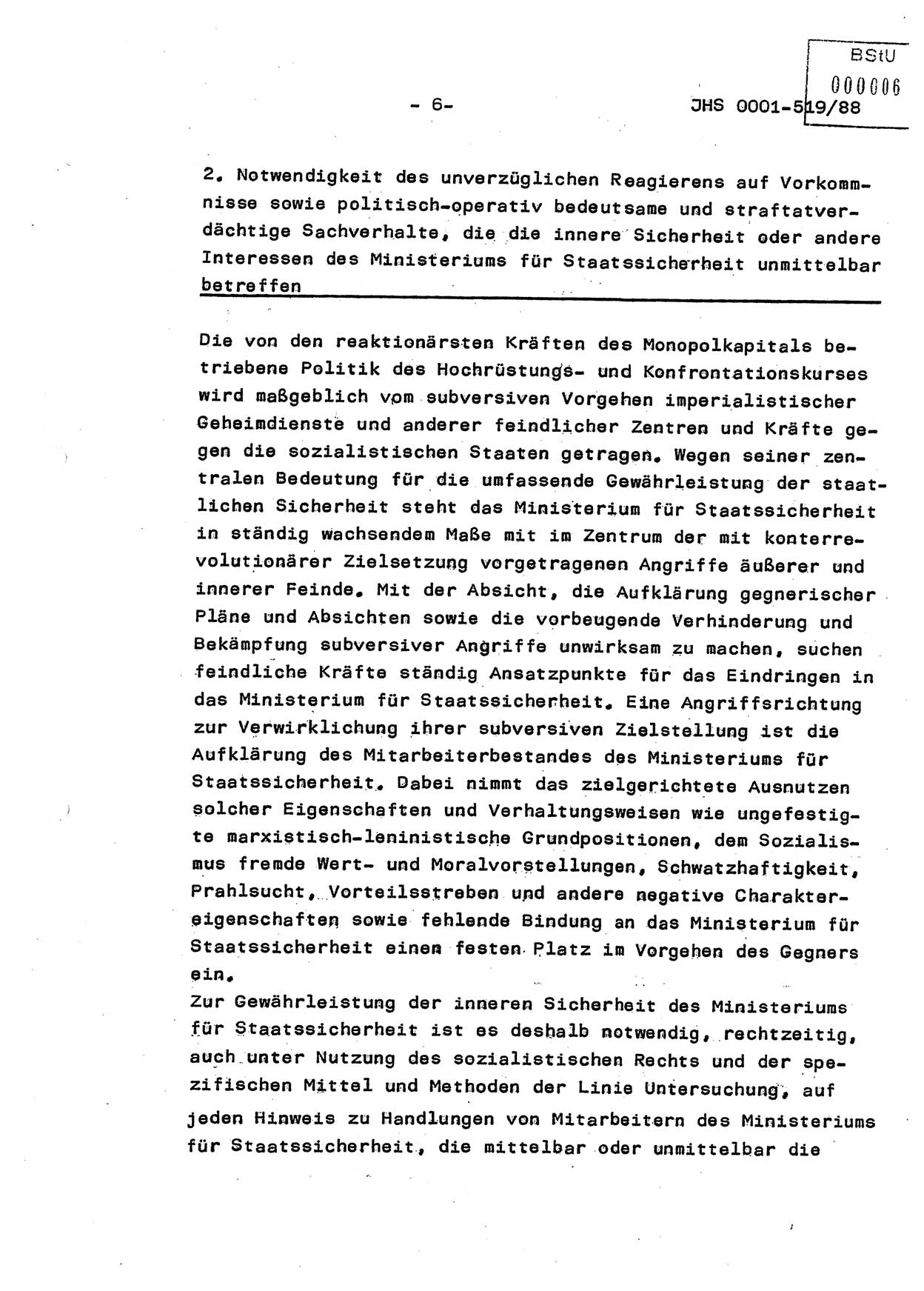 Diplomarbeit, Hauptmann Michael Eisermann (HA Ⅸ/5), Ministerium für Staatssicherheit (MfS) [Deutsche Demokratische Republik (DDR)], Juristische Hochschule (JHS), Vertrauliche Verschlußsache (VVS) o001-519/88, Potsdam 1988, Seite 6 (Dipl.-Arb. MfS DDR JHS VVS o001-519/88 1988, S. 6)