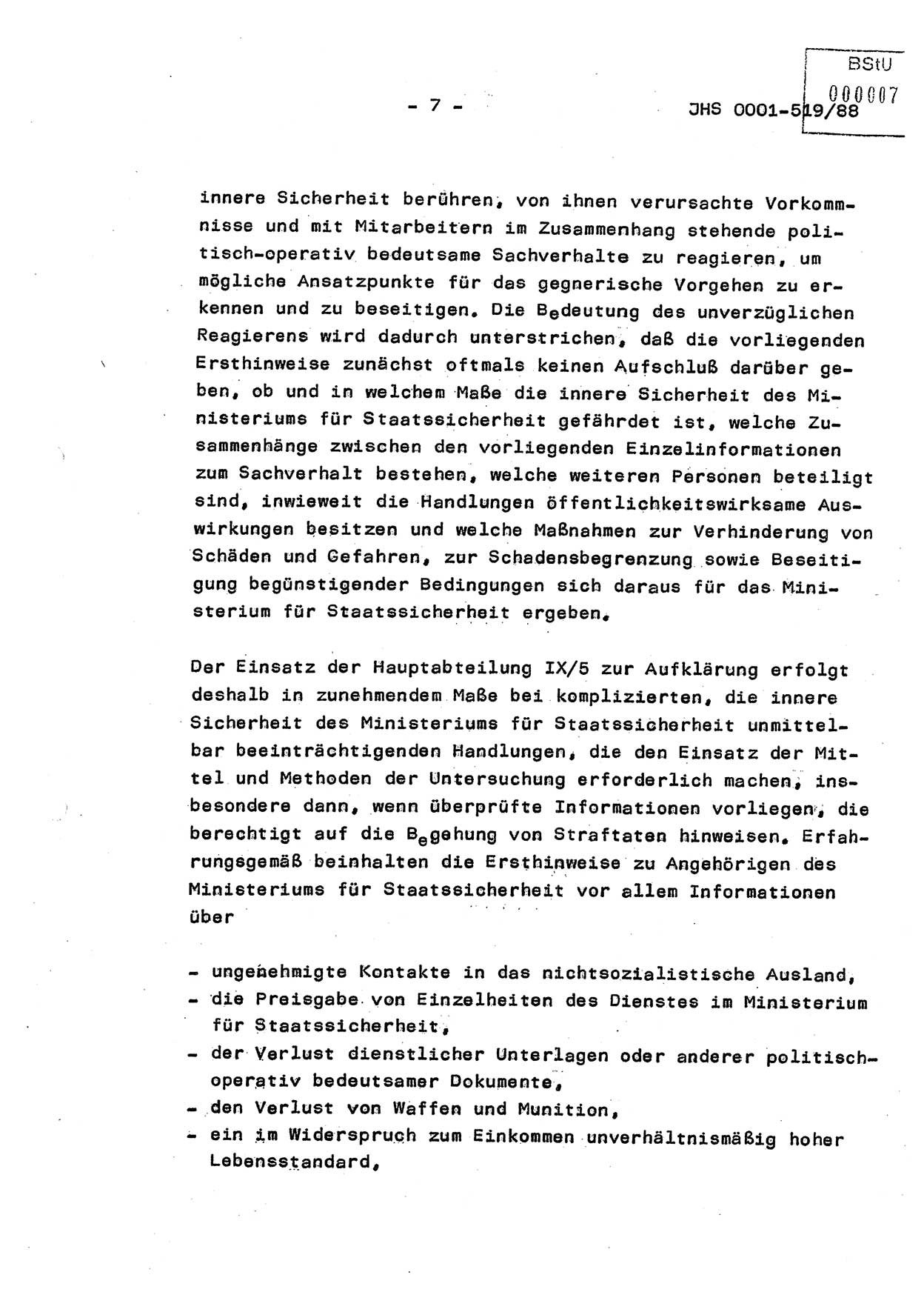 Diplomarbeit, Hauptmann Michael Eisermann (HA Ⅸ/5), Ministerium für Staatssicherheit (MfS) [Deutsche Demokratische Republik (DDR)], Juristische Hochschule (JHS), Vertrauliche Verschlußsache (VVS) o001-519/88, Potsdam 1988, Seite 7 (Dipl.-Arb. MfS DDR JHS VVS o001-519/88 1988, S. 7)