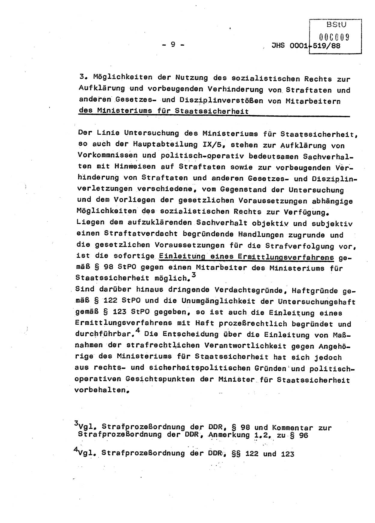 Diplomarbeit, Hauptmann Michael Eisermann (HA Ⅸ/5), Ministerium für Staatssicherheit (MfS) [Deutsche Demokratische Republik (DDR)], Juristische Hochschule (JHS), Vertrauliche Verschlußsache (VVS) o001-519/88, Potsdam 1988, Seite 9 (Dipl.-Arb. MfS DDR JHS VVS o001-519/88 1988, S. 9)