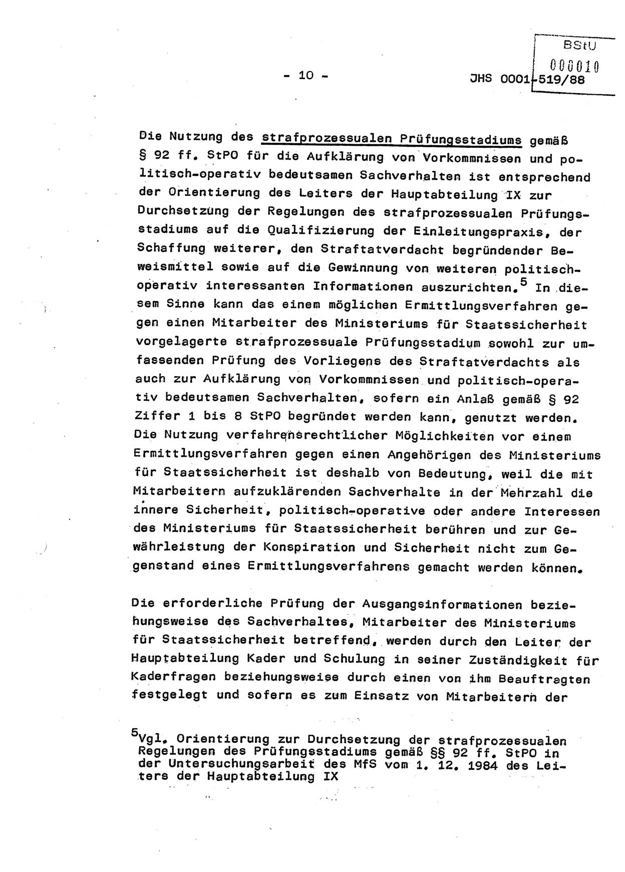 Diplomarbeit, Hauptmann Michael Eisermann (HA Ⅸ/5), Ministerium für Staatssicherheit (MfS) [Deutsche Demokratische Republik (DDR)], Juristische Hochschule (JHS), Vertrauliche Verschlußsache (VVS) o001-519/88, Potsdam 1988, Seite 10 (Dipl.-Arb. MfS DDR JHS VVS o001-519/88 1988, S. 10)