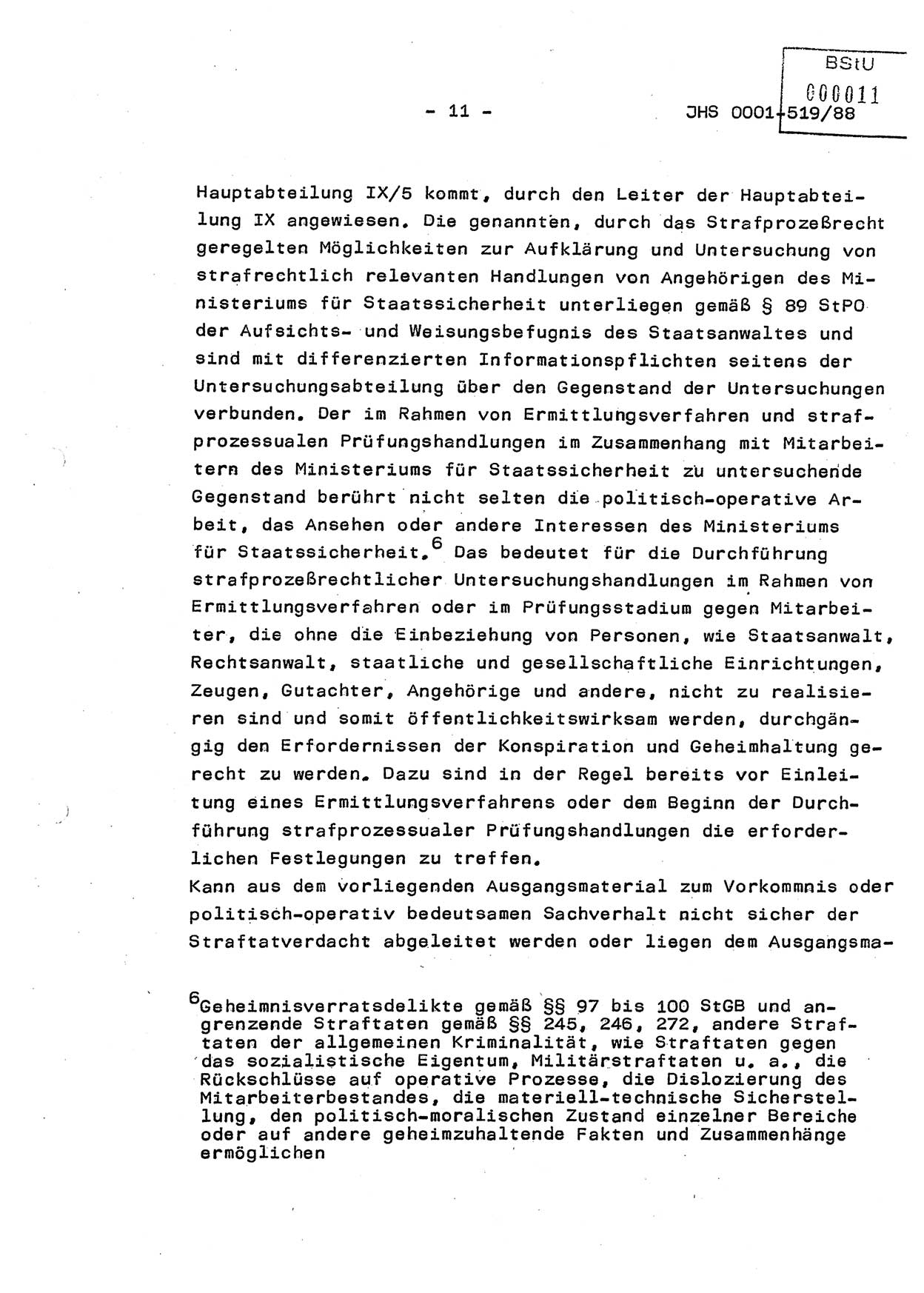 Diplomarbeit, Hauptmann Michael Eisermann (HA Ⅸ/5), Ministerium für Staatssicherheit (MfS) [Deutsche Demokratische Republik (DDR)], Juristische Hochschule (JHS), Vertrauliche Verschlußsache (VVS) o001-519/88, Potsdam 1988, Seite 11 (Dipl.-Arb. MfS DDR JHS VVS o001-519/88 1988, S. 11)