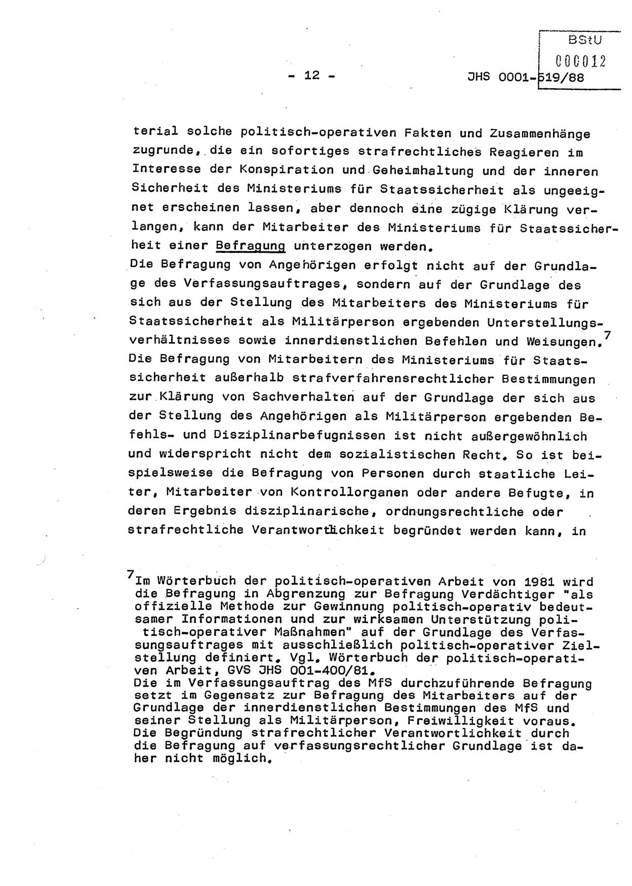 Diplomarbeit, Hauptmann Michael Eisermann (HA Ⅸ/5), Ministerium für Staatssicherheit (MfS) [Deutsche Demokratische Republik (DDR)], Juristische Hochschule (JHS), Vertrauliche Verschlußsache (VVS) o001-519/88, Potsdam 1988, Seite 12 (Dipl.-Arb. MfS DDR JHS VVS o001-519/88 1988, S. 12)