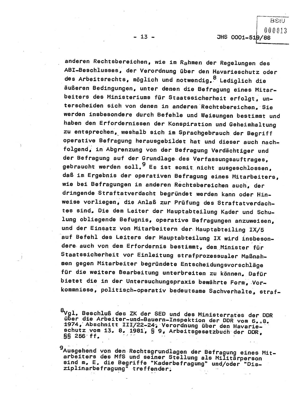 Diplomarbeit, Hauptmann Michael Eisermann (HA Ⅸ/5), Ministerium für Staatssicherheit (MfS) [Deutsche Demokratische Republik (DDR)], Juristische Hochschule (JHS), Vertrauliche Verschlußsache (VVS) o001-519/88, Potsdam 1988, Seite 13 (Dipl.-Arb. MfS DDR JHS VVS o001-519/88 1988, S. 13)