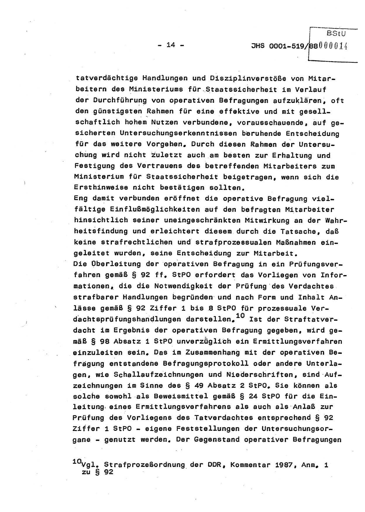 Diplomarbeit, Hauptmann Michael Eisermann (HA Ⅸ/5), Ministerium für Staatssicherheit (MfS) [Deutsche Demokratische Republik (DDR)], Juristische Hochschule (JHS), Vertrauliche Verschlußsache (VVS) o001-519/88, Potsdam 1988, Seite 14 (Dipl.-Arb. MfS DDR JHS VVS o001-519/88 1988, S. 14)