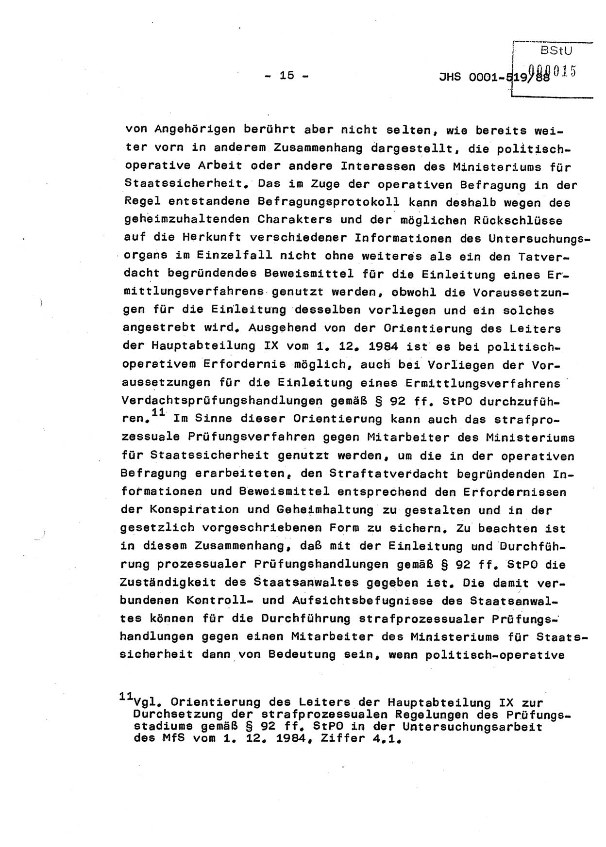 Diplomarbeit, Hauptmann Michael Eisermann (HA Ⅸ/5), Ministerium für Staatssicherheit (MfS) [Deutsche Demokratische Republik (DDR)], Juristische Hochschule (JHS), Vertrauliche Verschlußsache (VVS) o001-519/88, Potsdam 1988, Seite 15 (Dipl.-Arb. MfS DDR JHS VVS o001-519/88 1988, S. 15)