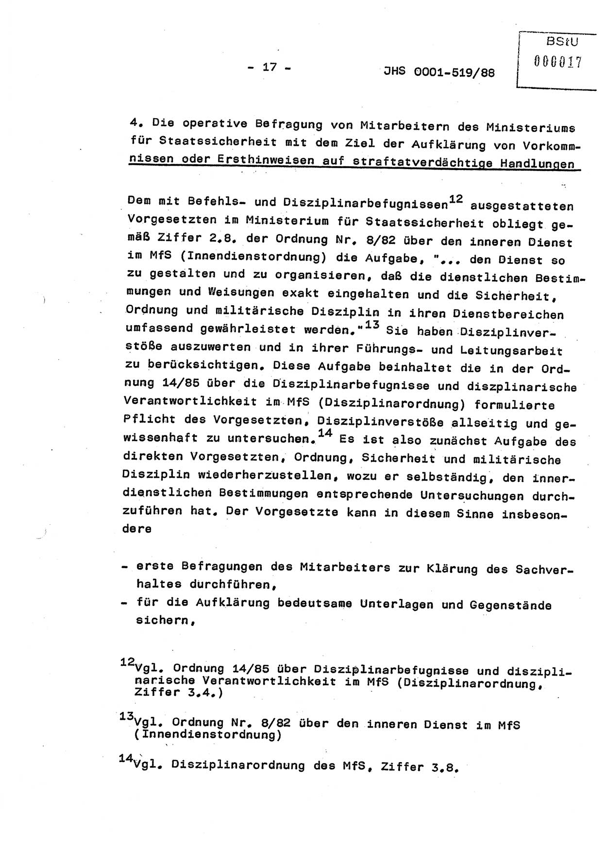 Diplomarbeit, Hauptmann Michael Eisermann (HA Ⅸ/5), Ministerium für Staatssicherheit (MfS) [Deutsche Demokratische Republik (DDR)], Juristische Hochschule (JHS), Vertrauliche Verschlußsache (VVS) o001-519/88, Potsdam 1988, Seite 17 (Dipl.-Arb. MfS DDR JHS VVS o001-519/88 1988, S. 17)