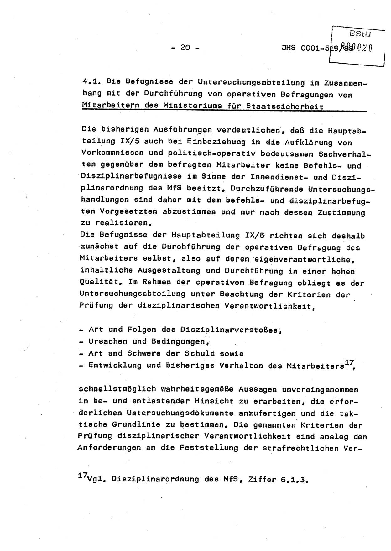 Diplomarbeit, Hauptmann Michael Eisermann (HA Ⅸ/5), Ministerium für Staatssicherheit (MfS) [Deutsche Demokratische Republik (DDR)], Juristische Hochschule (JHS), Vertrauliche Verschlußsache (VVS) o001-519/88, Potsdam 1988, Seite 20 (Dipl.-Arb. MfS DDR JHS VVS o001-519/88 1988, S. 20)