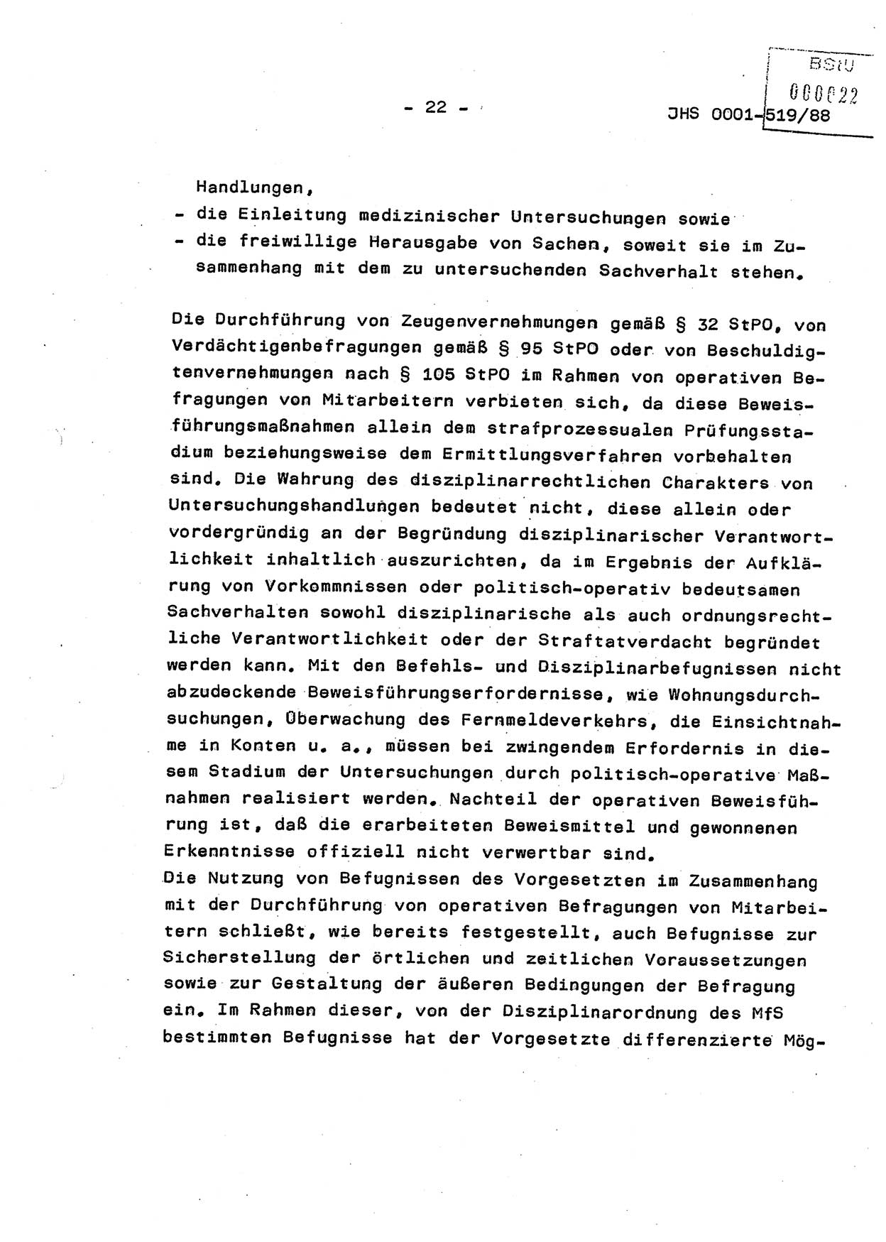 Diplomarbeit, Hauptmann Michael Eisermann (HA Ⅸ/5), Ministerium für Staatssicherheit (MfS) [Deutsche Demokratische Republik (DDR)], Juristische Hochschule (JHS), Vertrauliche Verschlußsache (VVS) o001-519/88, Potsdam 1988, Seite 22 (Dipl.-Arb. MfS DDR JHS VVS o001-519/88 1988, S. 22)