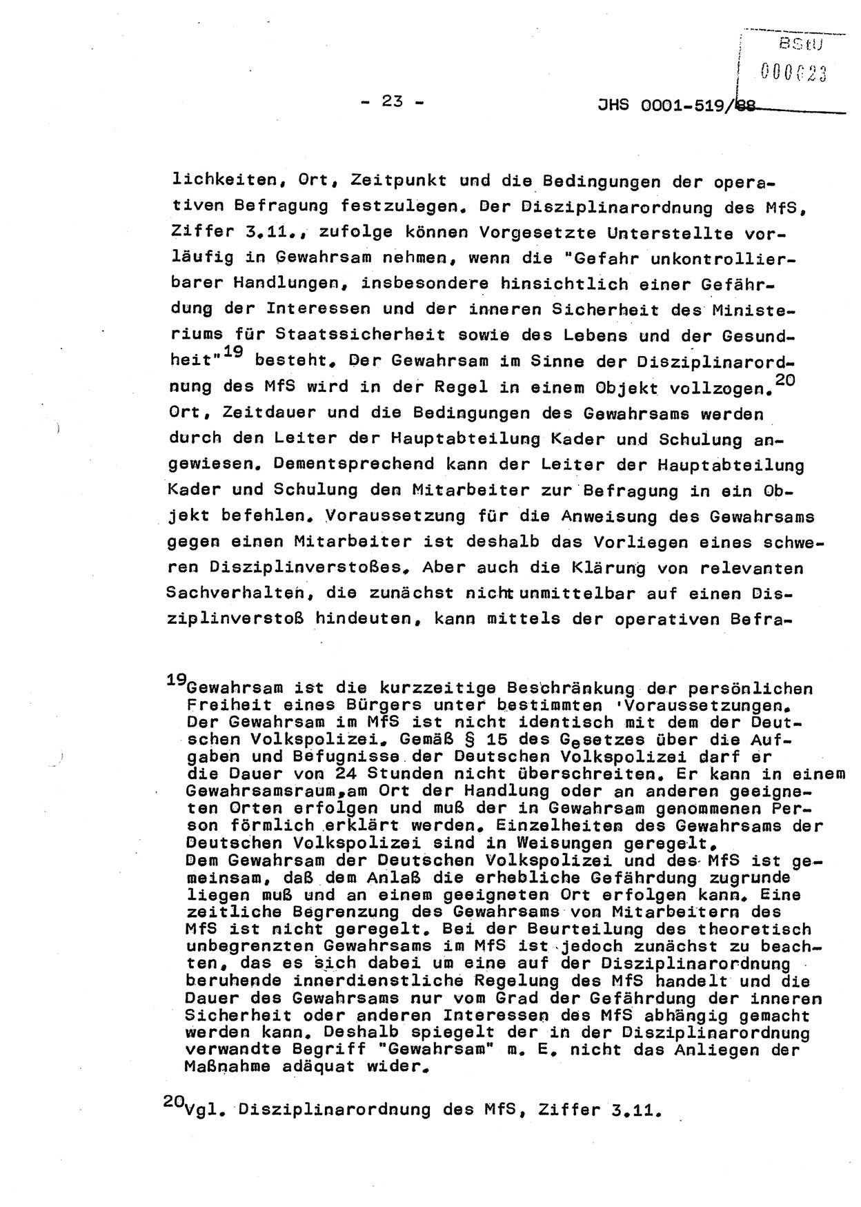 Diplomarbeit, Hauptmann Michael Eisermann (HA Ⅸ/5), Ministerium für Staatssicherheit (MfS) [Deutsche Demokratische Republik (DDR)], Juristische Hochschule (JHS), Vertrauliche Verschlußsache (VVS) o001-519/88, Potsdam 1988, Seite 23 (Dipl.-Arb. MfS DDR JHS VVS o001-519/88 1988, S. 23)