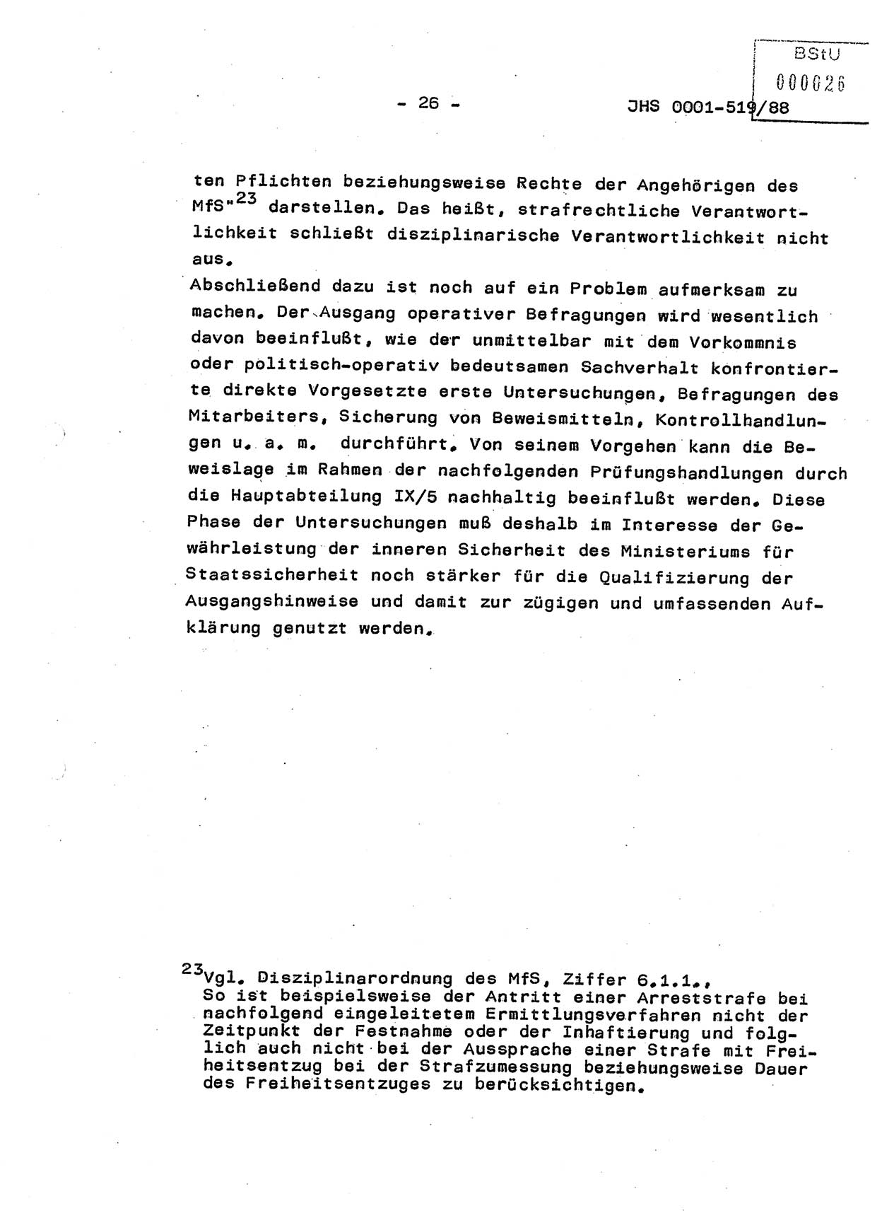 Diplomarbeit, Hauptmann Michael Eisermann (HA Ⅸ/5), Ministerium für Staatssicherheit (MfS) [Deutsche Demokratische Republik (DDR)], Juristische Hochschule (JHS), Vertrauliche Verschlußsache (VVS) o001-519/88, Potsdam 1988, Seite 26 (Dipl.-Arb. MfS DDR JHS VVS o001-519/88 1988, S. 26)