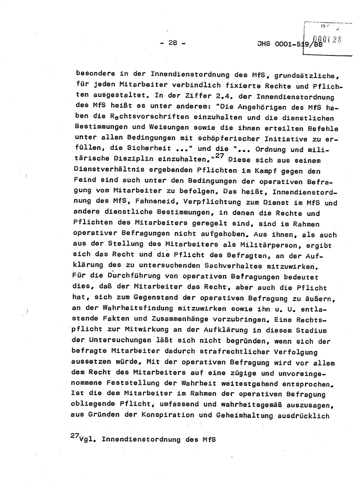 Diplomarbeit, Hauptmann Michael Eisermann (HA Ⅸ/5), Ministerium für Staatssicherheit (MfS) [Deutsche Demokratische Republik (DDR)], Juristische Hochschule (JHS), Vertrauliche Verschlußsache (VVS) o001-519/88, Potsdam 1988, Seite 28 (Dipl.-Arb. MfS DDR JHS VVS o001-519/88 1988, S. 28)