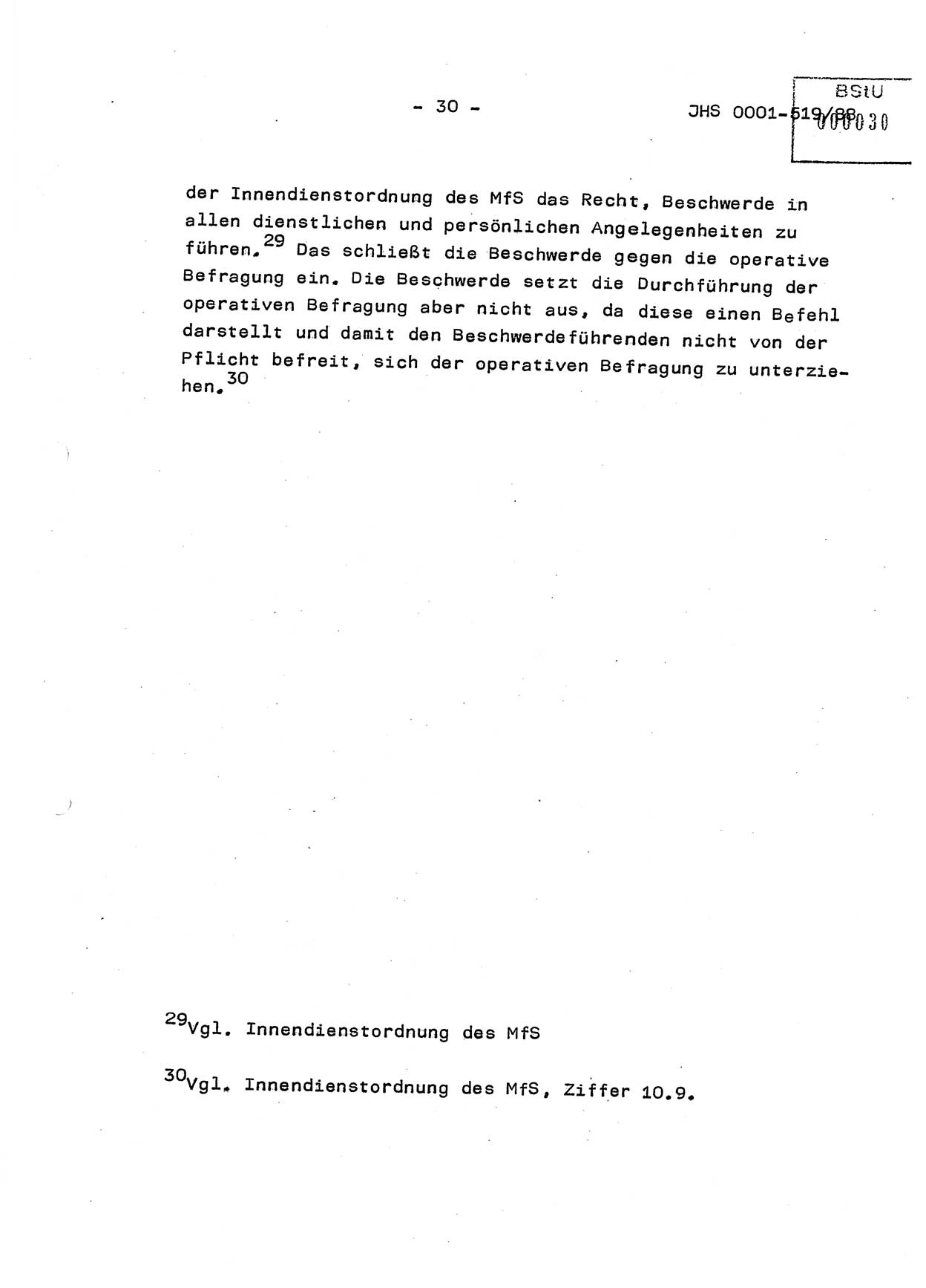 Diplomarbeit, Hauptmann Michael Eisermann (HA Ⅸ/5), Ministerium für Staatssicherheit (MfS) [Deutsche Demokratische Republik (DDR)], Juristische Hochschule (JHS), Vertrauliche Verschlußsache (VVS) o001-519/88, Potsdam 1988, Seite 30 (Dipl.-Arb. MfS DDR JHS VVS o001-519/88 1988, S. 30)