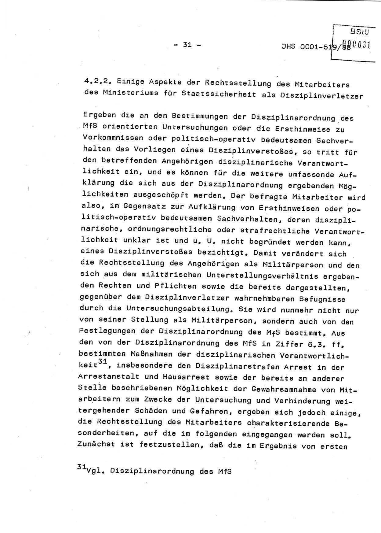 Diplomarbeit, Hauptmann Michael Eisermann (HA Ⅸ/5), Ministerium für Staatssicherheit (MfS) [Deutsche Demokratische Republik (DDR)], Juristische Hochschule (JHS), Vertrauliche Verschlußsache (VVS) o001-519/88, Potsdam 1988, Seite 31 (Dipl.-Arb. MfS DDR JHS VVS o001-519/88 1988, S. 31)