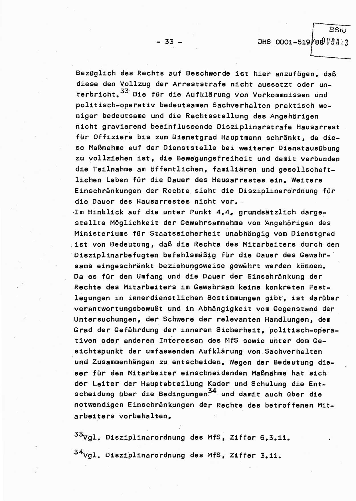 Diplomarbeit, Hauptmann Michael Eisermann (HA Ⅸ/5), Ministerium für Staatssicherheit (MfS) [Deutsche Demokratische Republik (DDR)], Juristische Hochschule (JHS), Vertrauliche Verschlußsache (VVS) o001-519/88, Potsdam 1988, Seite 33 (Dipl.-Arb. MfS DDR JHS VVS o001-519/88 1988, S. 33)