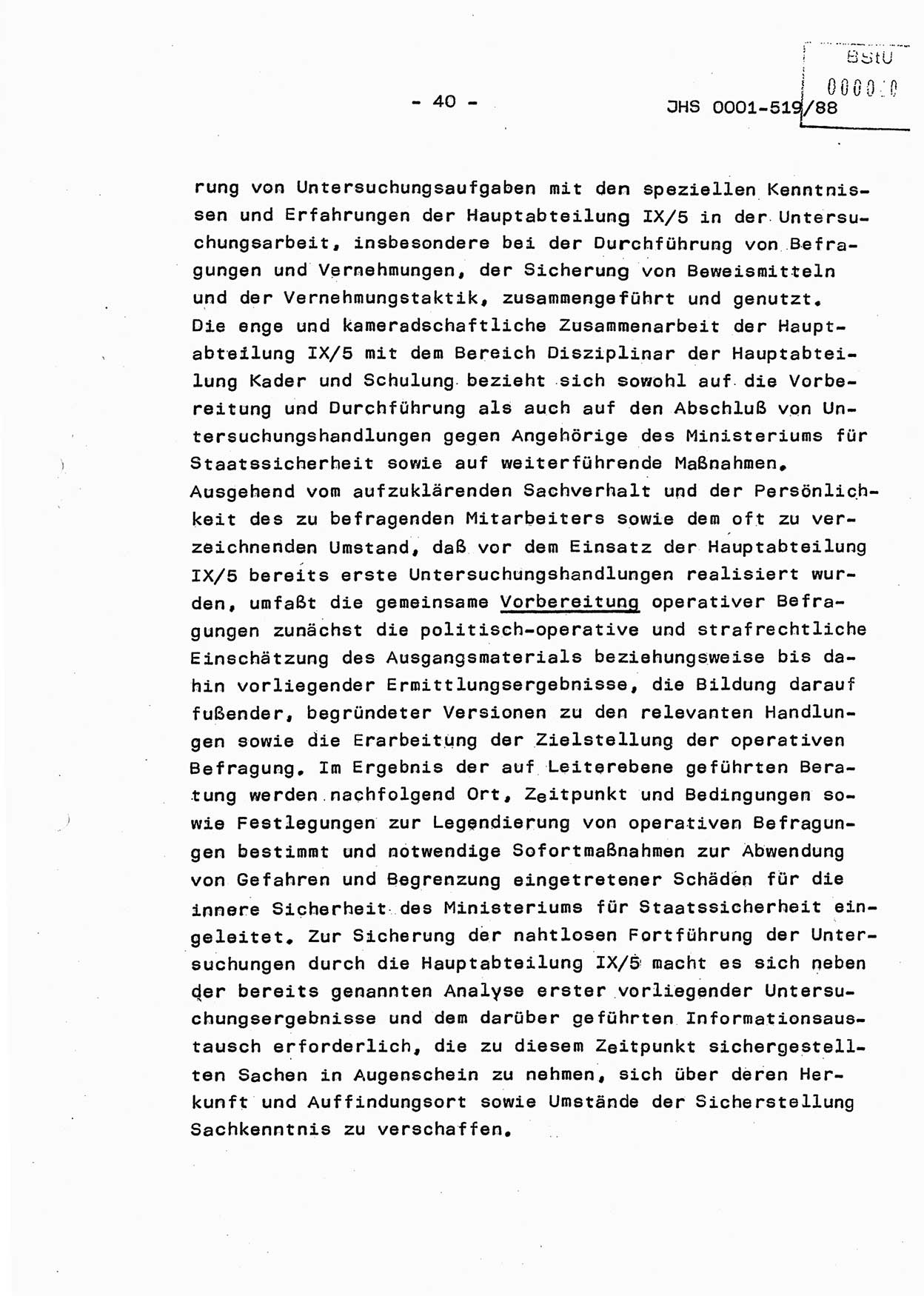 Diplomarbeit, Hauptmann Michael Eisermann (HA Ⅸ/5), Ministerium für Staatssicherheit (MfS) [Deutsche Demokratische Republik (DDR)], Juristische Hochschule (JHS), Vertrauliche Verschlußsache (VVS) o001-519/88, Potsdam 1988, Seite 40 (Dipl.-Arb. MfS DDR JHS VVS o001-519/88 1988, S. 40)