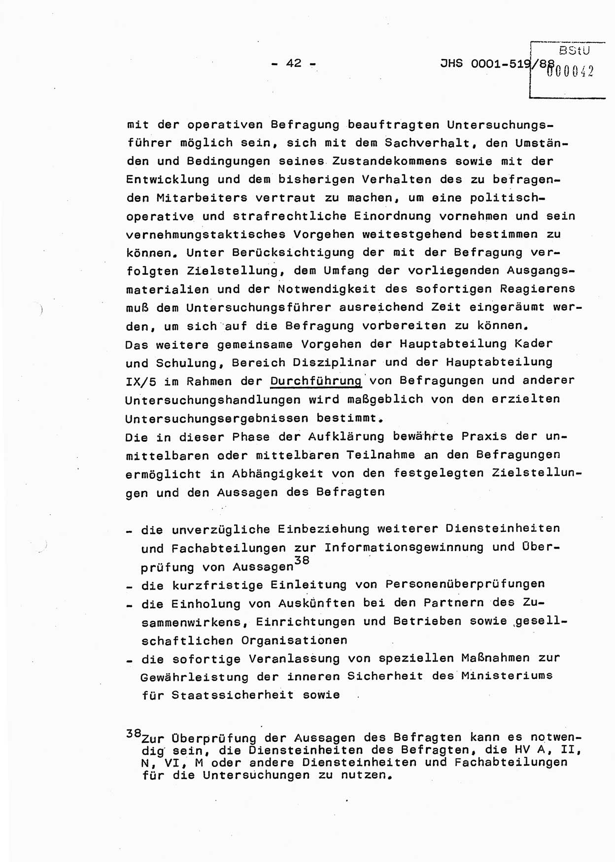 Diplomarbeit, Hauptmann Michael Eisermann (HA Ⅸ/5), Ministerium für Staatssicherheit (MfS) [Deutsche Demokratische Republik (DDR)], Juristische Hochschule (JHS), Vertrauliche Verschlußsache (VVS) o001-519/88, Potsdam 1988, Seite 42 (Dipl.-Arb. MfS DDR JHS VVS o001-519/88 1988, S. 42)