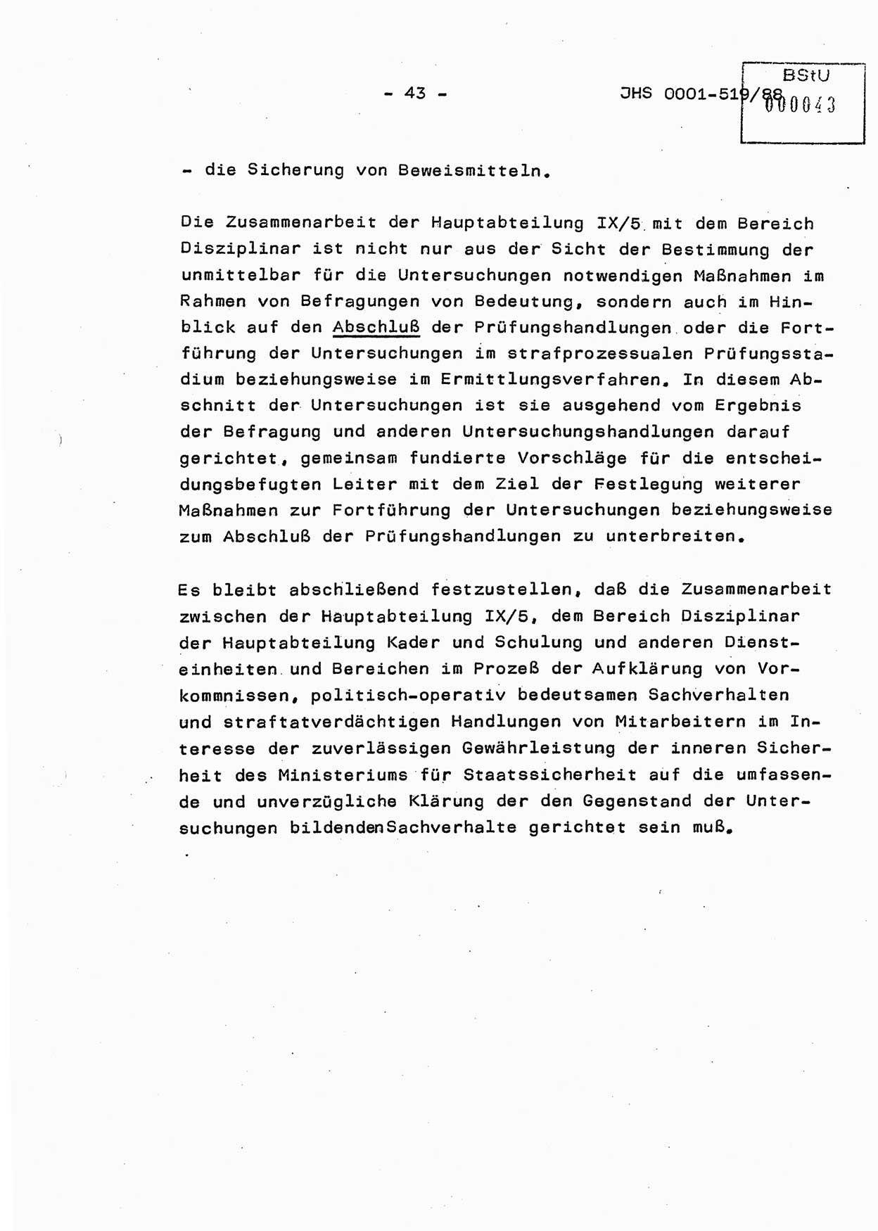 Diplomarbeit, Hauptmann Michael Eisermann (HA Ⅸ/5), Ministerium für Staatssicherheit (MfS) [Deutsche Demokratische Republik (DDR)], Juristische Hochschule (JHS), Vertrauliche Verschlußsache (VVS) o001-519/88, Potsdam 1988, Seite 43 (Dipl.-Arb. MfS DDR JHS VVS o001-519/88 1988, S. 43)