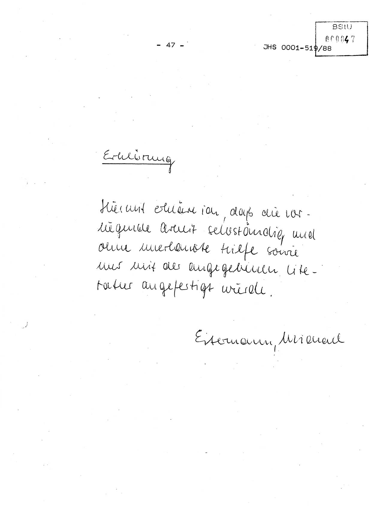 Diplomarbeit, Hauptmann Michael Eisermann (HA Ⅸ/5), Ministerium für Staatssicherheit (MfS) [Deutsche Demokratische Republik (DDR)], Juristische Hochschule (JHS), Vertrauliche Verschlußsache (VVS) o001-519/88, Potsdam 1988, Seite 47 (Dipl.-Arb. MfS DDR JHS VVS o001-519/88 1988, S. 47)