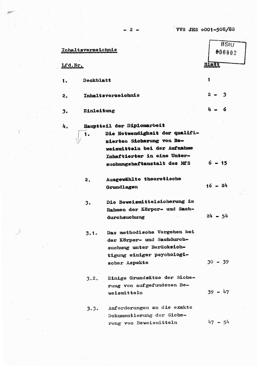 Diplomarbeit Hauptmann Christian Kätzel (Abt. ⅩⅣ), Ministerium für Staatssicherheit (MfS) [Deutsche Demokratische Republik (DDR)], Juristische Hochschule (JHS), Vertrauliche Verschlußsache (VVS) o001-508/88, Potsdam 1988, Blatt 2 (Dipl.-Arb. MfS DDR JHS VVS o001-508/88 1988, Bl. 2)