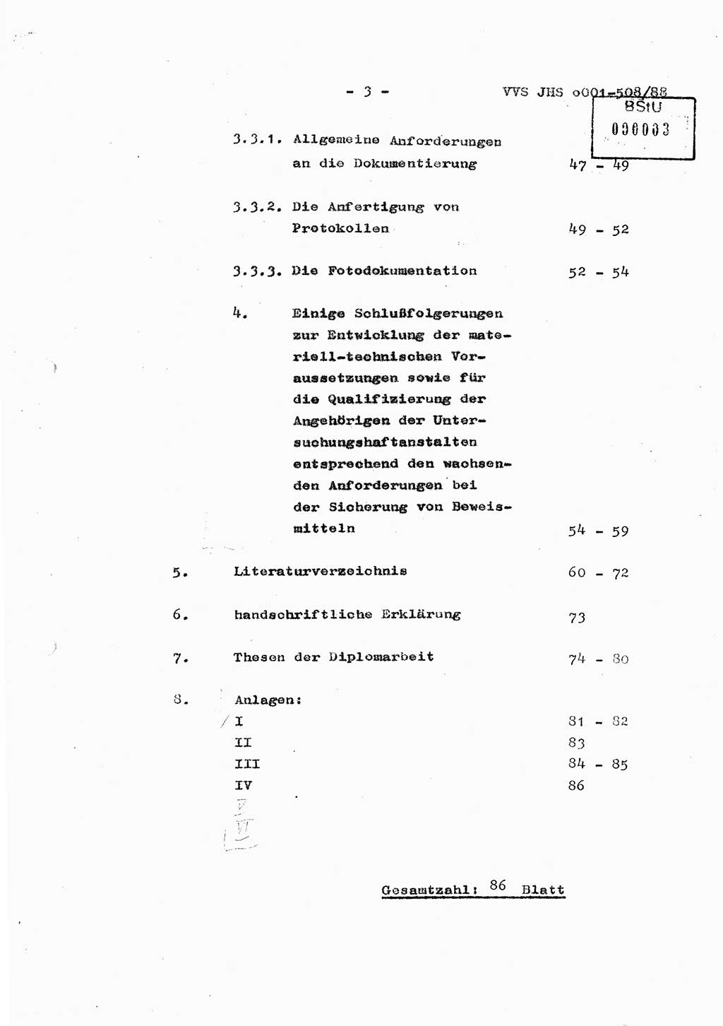 Diplomarbeit Hauptmann Christian Kätzel (Abt. ⅩⅣ), Ministerium für Staatssicherheit (MfS) [Deutsche Demokratische Republik (DDR)], Juristische Hochschule (JHS), Vertrauliche Verschlußsache (VVS) o001-508/88, Potsdam 1988, Blatt 3 (Dipl.-Arb. MfS DDR JHS VVS o001-508/88 1988, Bl. 3)