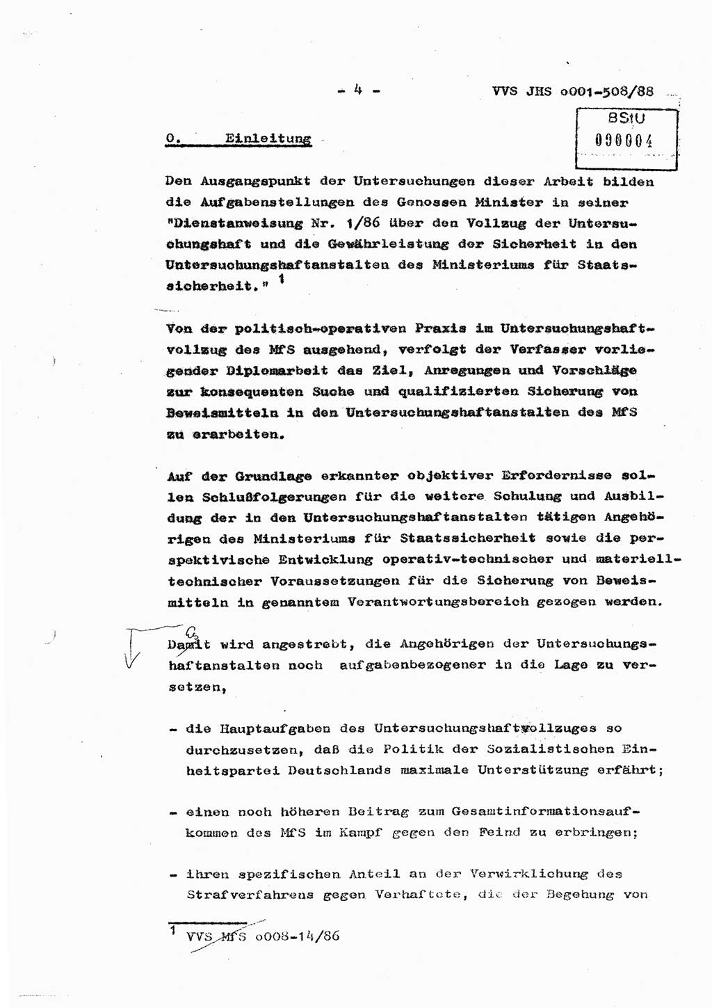 Diplomarbeit Hauptmann Christian Kätzel (Abt. ⅩⅣ), Ministerium für Staatssicherheit (MfS) [Deutsche Demokratische Republik (DDR)], Juristische Hochschule (JHS), Vertrauliche Verschlußsache (VVS) o001-508/88, Potsdam 1988, Blatt 4 (Dipl.-Arb. MfS DDR JHS VVS o001-508/88 1988, Bl. 4)