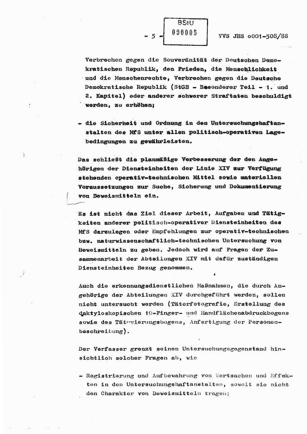 Diplomarbeit Hauptmann Christian Kätzel (Abt. ⅩⅣ), Ministerium für Staatssicherheit (MfS) [Deutsche Demokratische Republik (DDR)], Juristische Hochschule (JHS), Vertrauliche Verschlußsache (VVS) o001-508/88, Potsdam 1988, Blatt 5 (Dipl.-Arb. MfS DDR JHS VVS o001-508/88 1988, Bl. 5)