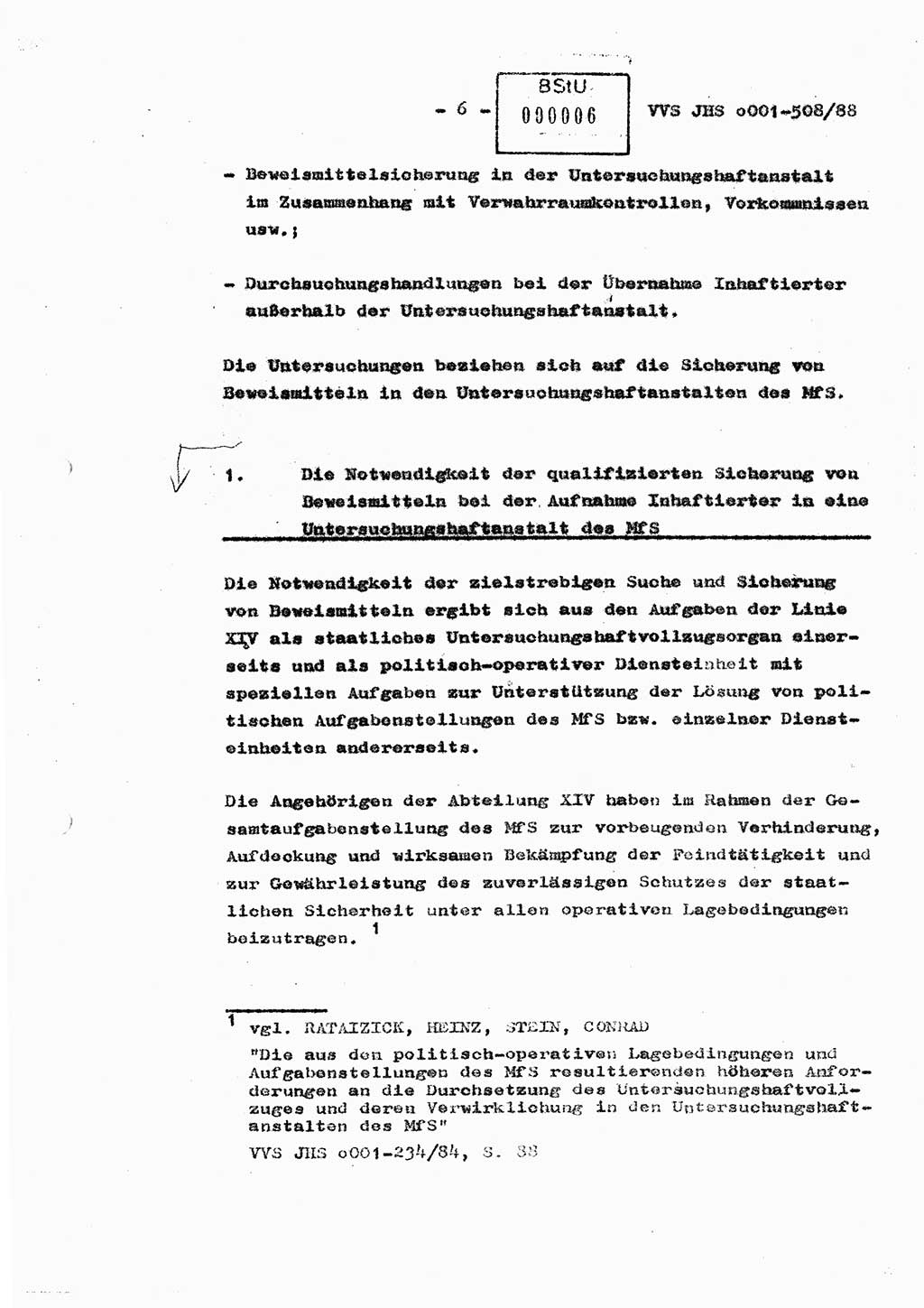 Diplomarbeit Hauptmann Christian Kätzel (Abt. ⅩⅣ), Ministerium für Staatssicherheit (MfS) [Deutsche Demokratische Republik (DDR)], Juristische Hochschule (JHS), Vertrauliche Verschlußsache (VVS) o001-508/88, Potsdam 1988, Blatt 6 (Dipl.-Arb. MfS DDR JHS VVS o001-508/88 1988, Bl. 6)