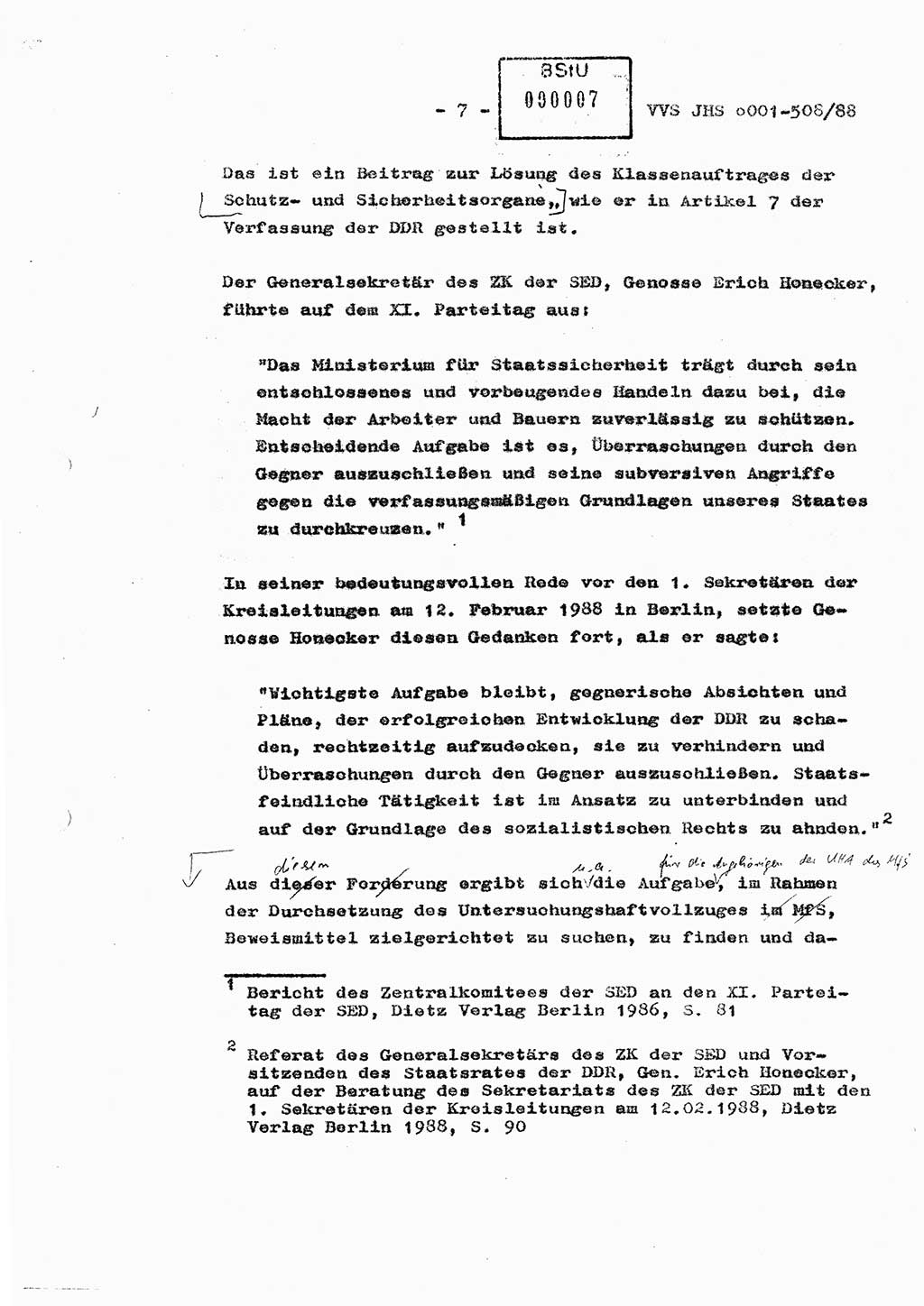 Diplomarbeit Hauptmann Christian Kätzel (Abt. ⅩⅣ), Ministerium für Staatssicherheit (MfS) [Deutsche Demokratische Republik (DDR)], Juristische Hochschule (JHS), Vertrauliche Verschlußsache (VVS) o001-508/88, Potsdam 1988, Blatt 7 (Dipl.-Arb. MfS DDR JHS VVS o001-508/88 1988, Bl. 7)