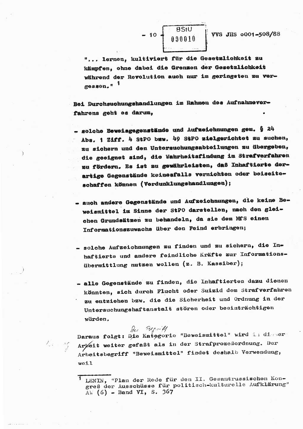 Diplomarbeit Hauptmann Christian Kätzel (Abt. ⅩⅣ), Ministerium für Staatssicherheit (MfS) [Deutsche Demokratische Republik (DDR)], Juristische Hochschule (JHS), Vertrauliche Verschlußsache (VVS) o001-508/88, Potsdam 1988, Blatt 10 (Dipl.-Arb. MfS DDR JHS VVS o001-508/88 1988, Bl. 10)