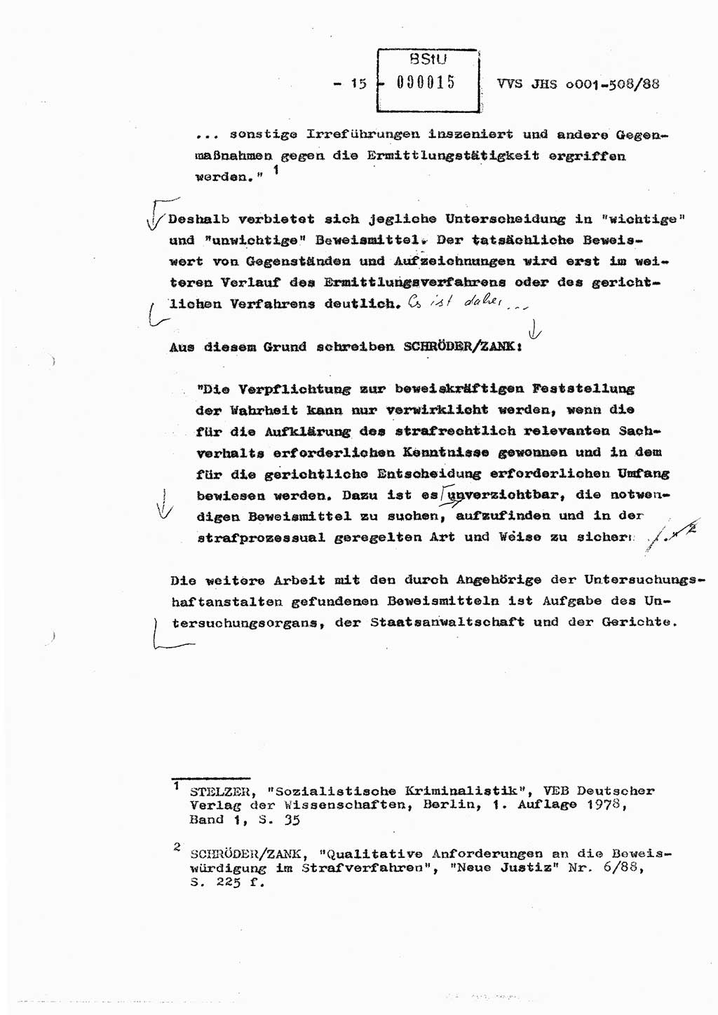 Diplomarbeit Hauptmann Christian Kätzel (Abt. ⅩⅣ), Ministerium für Staatssicherheit (MfS) [Deutsche Demokratische Republik (DDR)], Juristische Hochschule (JHS), Vertrauliche Verschlußsache (VVS) o001-508/88, Potsdam 1988, Blatt 15 (Dipl.-Arb. MfS DDR JHS VVS o001-508/88 1988, Bl. 15)