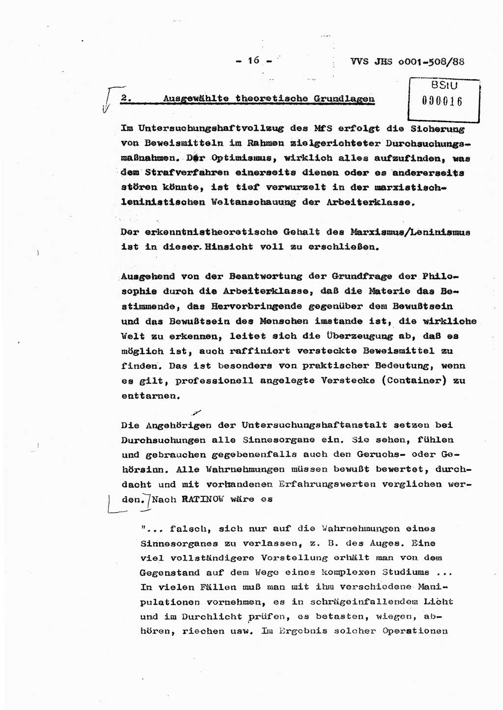 Diplomarbeit Hauptmann Christian Kätzel (Abt. ⅩⅣ), Ministerium für Staatssicherheit (MfS) [Deutsche Demokratische Republik (DDR)], Juristische Hochschule (JHS), Vertrauliche Verschlußsache (VVS) o001-508/88, Potsdam 1988, Blatt 16 (Dipl.-Arb. MfS DDR JHS VVS o001-508/88 1988, Bl. 16)