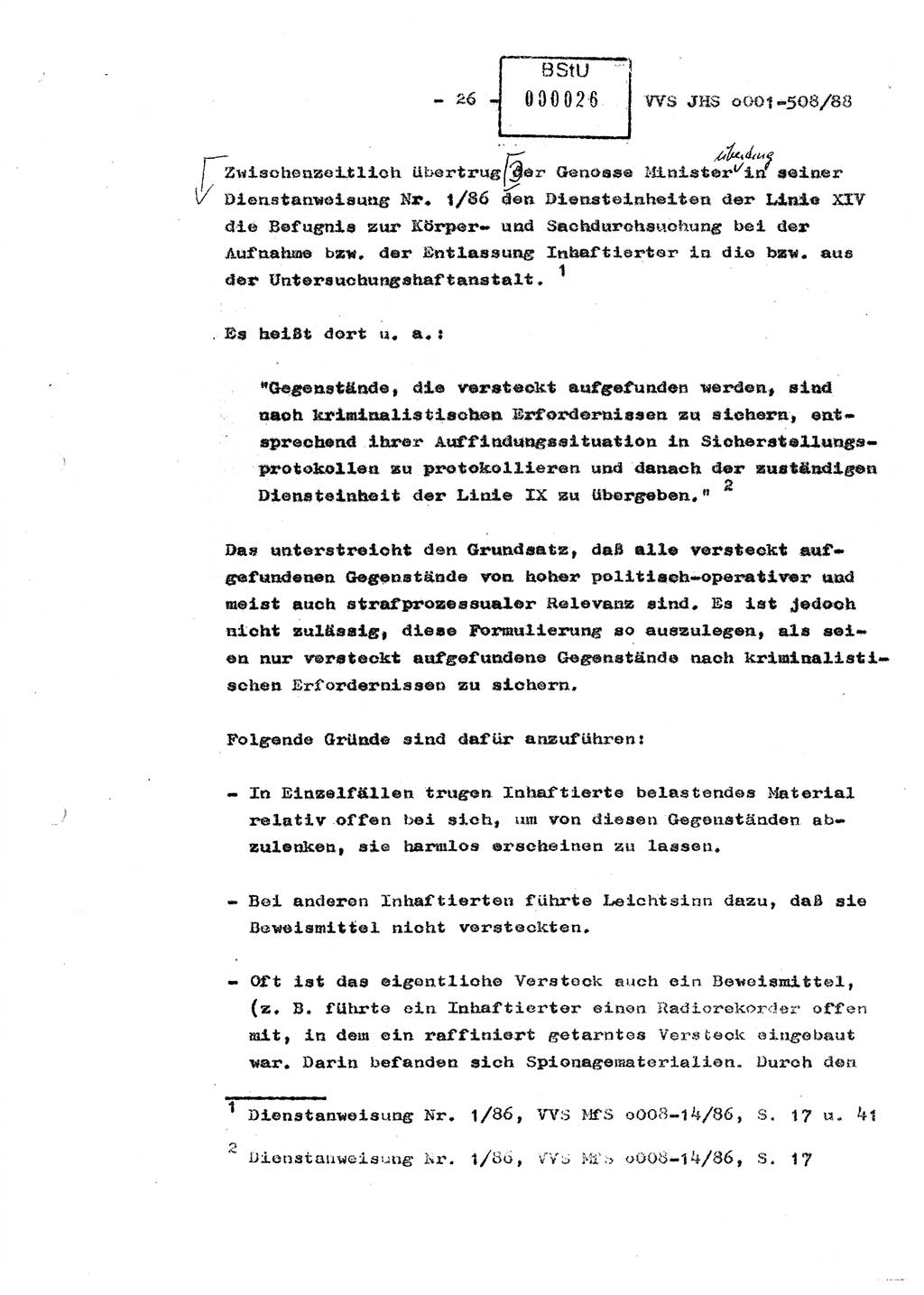 Diplomarbeit Hauptmann Christian Kätzel (Abt. ⅩⅣ), Ministerium für Staatssicherheit (MfS) [Deutsche Demokratische Republik (DDR)], Juristische Hochschule (JHS), Vertrauliche Verschlußsache (VVS) o001-508/88, Potsdam 1988, Blatt 26 (Dipl.-Arb. MfS DDR JHS VVS o001-508/88 1988, Bl. 26)