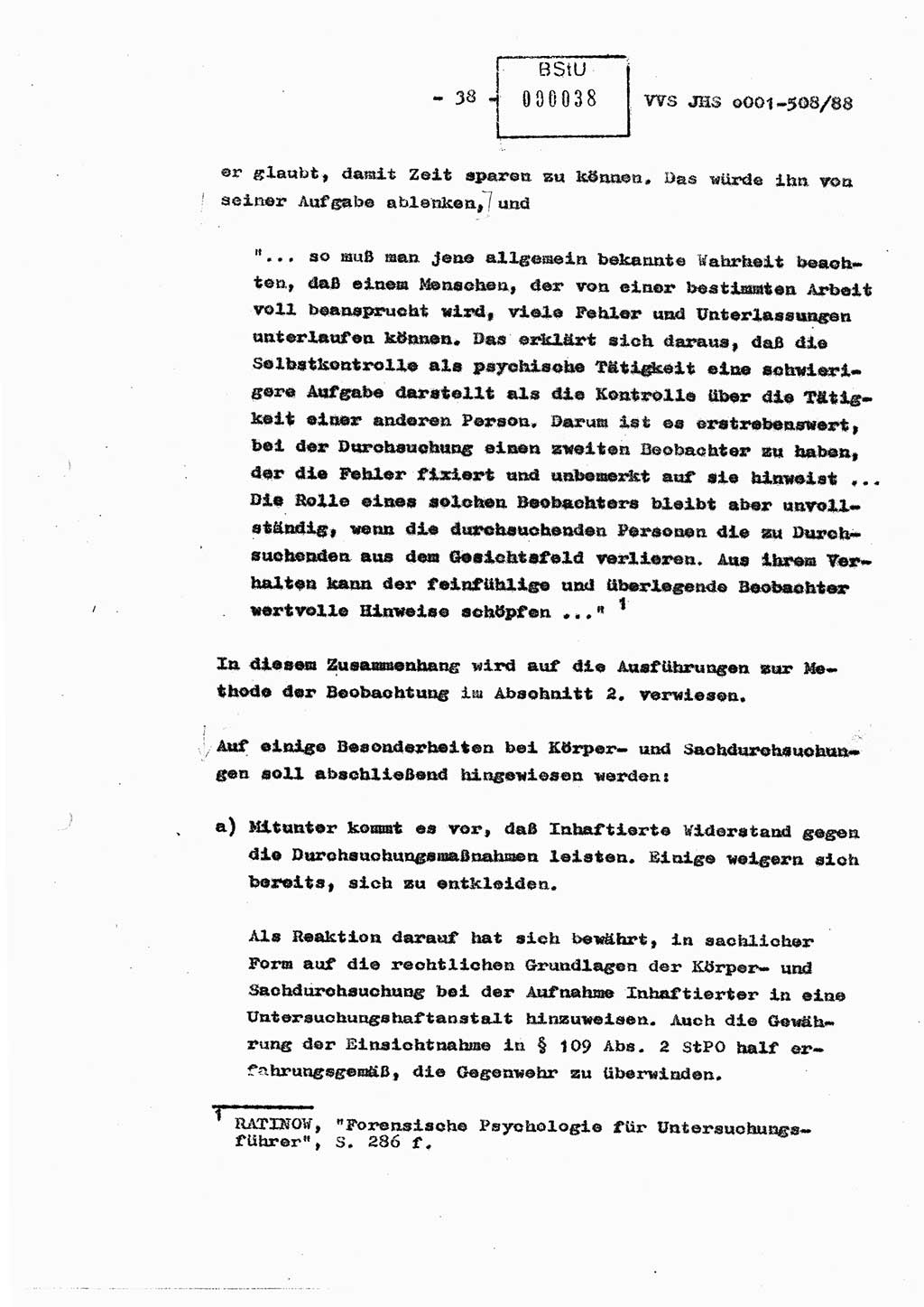 Diplomarbeit Hauptmann Christian Kätzel (Abt. ⅩⅣ), Ministerium für Staatssicherheit (MfS) [Deutsche Demokratische Republik (DDR)], Juristische Hochschule (JHS), Vertrauliche Verschlußsache (VVS) o001-508/88, Potsdam 1988, Blatt 38 (Dipl.-Arb. MfS DDR JHS VVS o001-508/88 1988, Bl. 38)