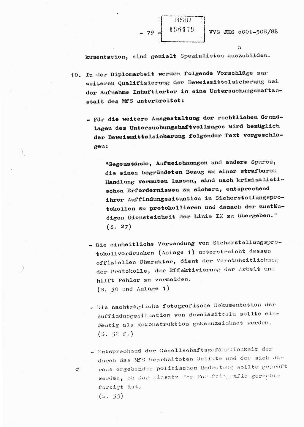 Diplomarbeit Hauptmann Christian Kätzel (Abt. ⅩⅣ), Ministerium für Staatssicherheit (MfS) [Deutsche Demokratische Republik (DDR)], Juristische Hochschule (JHS), Vertrauliche Verschlußsache (VVS) o001-508/88, Potsdam 1988, Blatt 79 (Dipl.-Arb. MfS DDR JHS VVS o001-508/88 1988, Bl. 79)