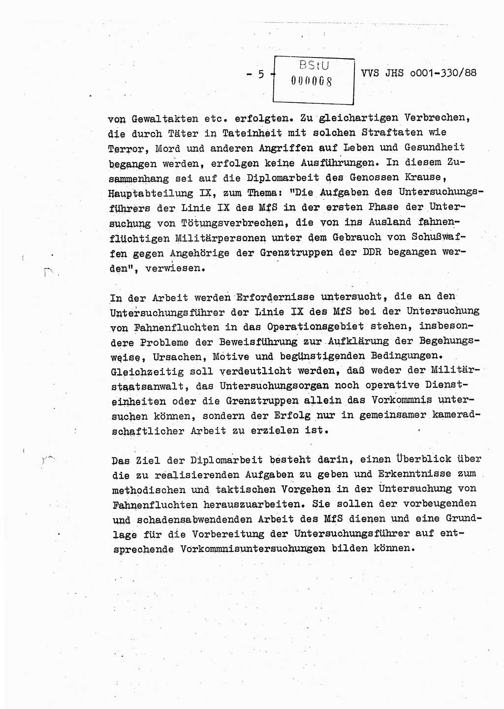 Diplomarbeit Offiziersschüler Thomas Mühle (HA Ⅸ/6), Ministerium für Staatssicherheit (MfS) [Deutsche Demokratische Republik (DDR)], Juristische Hochschule (JHS), Vertrauliche Verschlußsache (VVS) o001-330/88, Potsdam 1988, Seite 5 (Dipl.-Arb. MfS DDR JHS VVS o001-330/88 1988, S. 5)