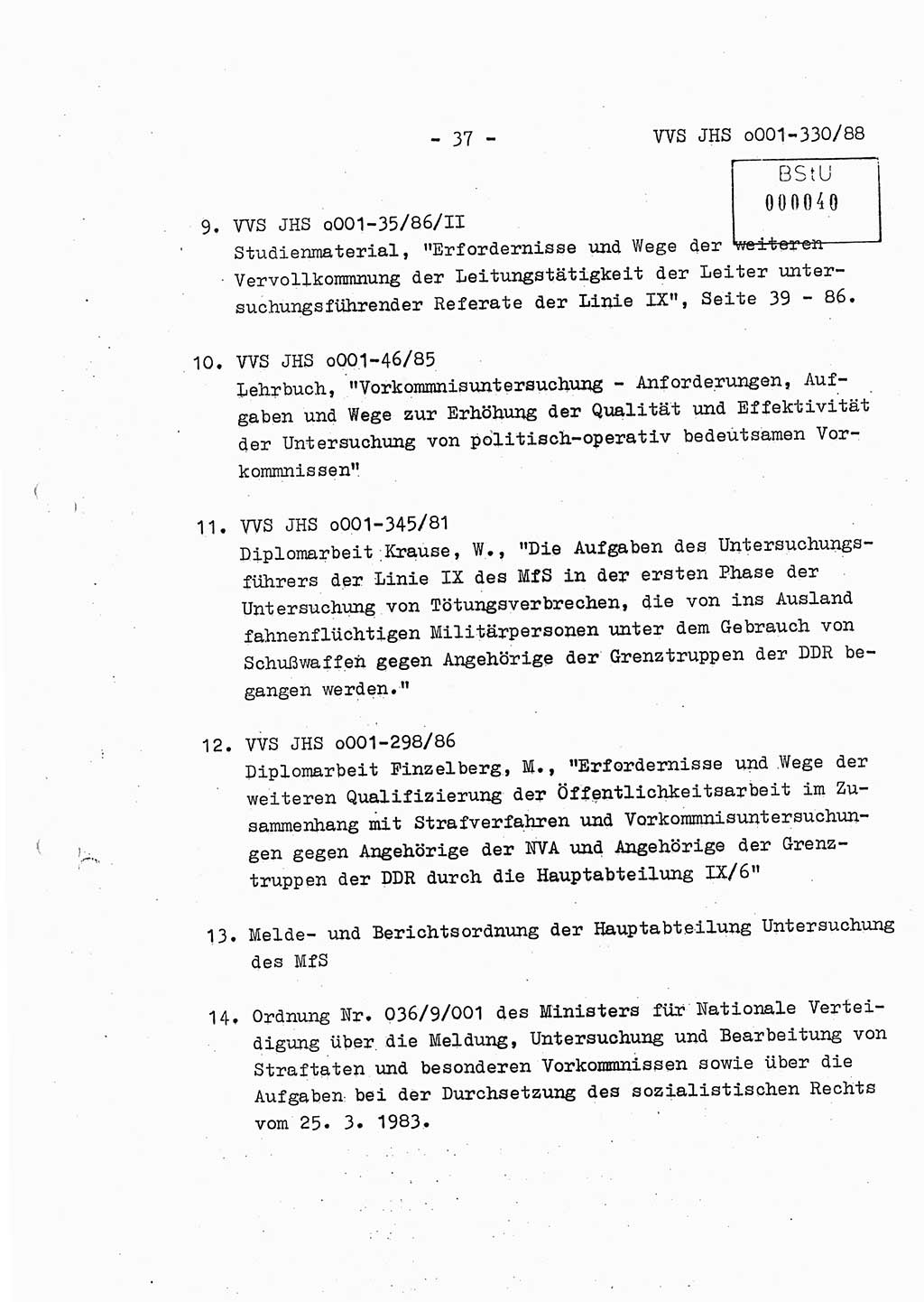 Diplomarbeit Offiziersschüler Thomas Mühle (HA Ⅸ/6), Ministerium für Staatssicherheit (MfS) [Deutsche Demokratische Republik (DDR)], Juristische Hochschule (JHS), Vertrauliche Verschlußsache (VVS) o001-330/88, Potsdam 1988, Seite 37 (Dipl.-Arb. MfS DDR JHS VVS o001-330/88 1988, S. 37)