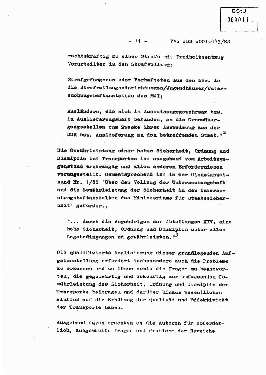 Diplomarbeit Hauptmann Michael Rast (Abt. ⅩⅣ), Major Bernd Rahaus (Abt. ⅩⅣ), Ministerium für Staatssicherheit (MfS) [Deutsche Demokratische Republik (DDR)], Juristische Hochschule (JHS), Vertrauliche Verschlußsache (VVS) o001-443/88, Potsdam 1988, Seite 11 (Dipl.-Arb. MfS DDR JHS VVS o001-443/88 1988, S. 11)