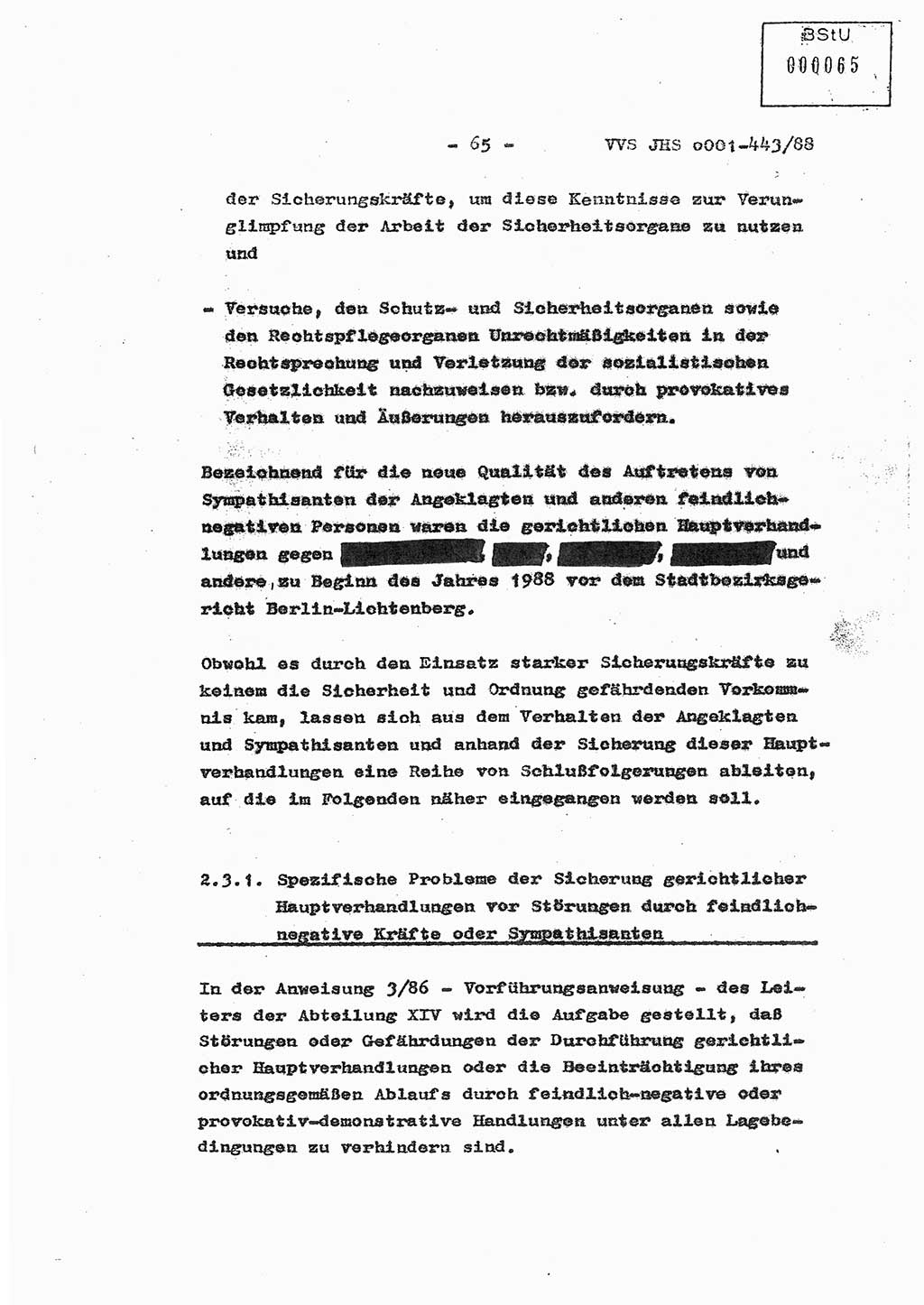 Diplomarbeit Hauptmann Michael Rast (Abt. ⅩⅣ), Major Bernd Rahaus (Abt. ⅩⅣ), Ministerium für Staatssicherheit (MfS) [Deutsche Demokratische Republik (DDR)], Juristische Hochschule (JHS), Vertrauliche Verschlußsache (VVS) o001-443/88, Potsdam 1988, Seite 65 (Dipl.-Arb. MfS DDR JHS VVS o001-443/88 1988, S. 65)