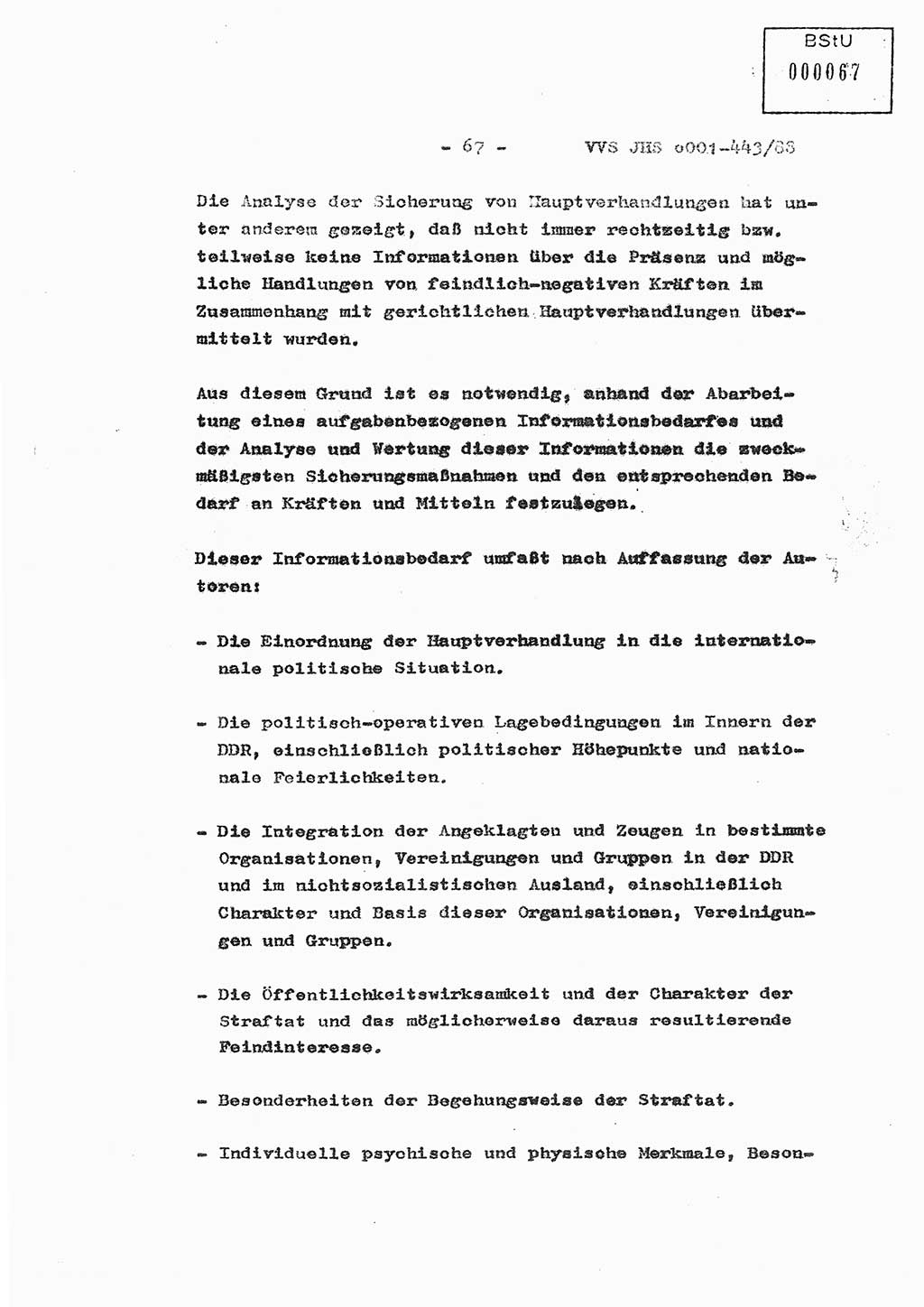 Diplomarbeit Hauptmann Michael Rast (Abt. ⅩⅣ), Major Bernd Rahaus (Abt. ⅩⅣ), Ministerium für Staatssicherheit (MfS) [Deutsche Demokratische Republik (DDR)], Juristische Hochschule (JHS), Vertrauliche Verschlußsache (VVS) o001-443/88, Potsdam 1988, Seite 67 (Dipl.-Arb. MfS DDR JHS VVS o001-443/88 1988, S. 67)