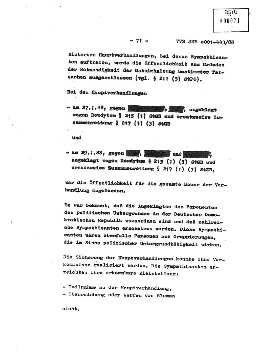 Diplomarbeit Hauptmann Michael Rast (Abt. ⅩⅣ), Major Bernd Rahaus (Abt. ⅩⅣ), Ministerium für Staatssicherheit (MfS) [Deutsche Demokratische Republik (DDR)], Juristische Hochschule (JHS), Vertrauliche Verschlußsache (VVS) o001-443/88, Potsdam 1988, Seite 71 (Dipl.-Arb. MfS DDR JHS VVS o001-443/88 1988, S. 71)