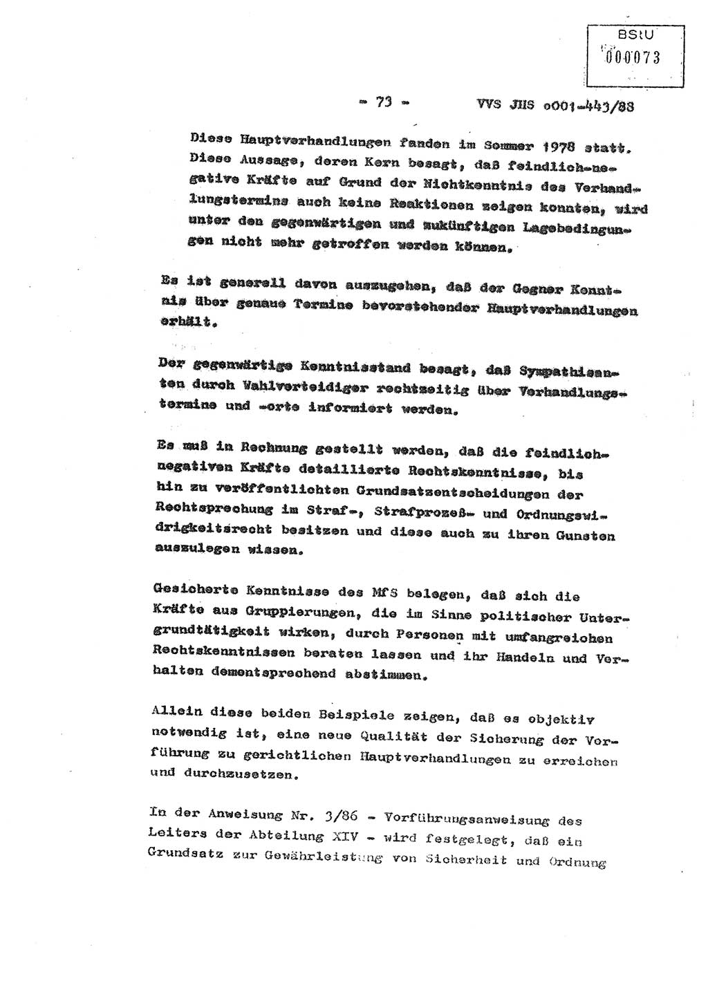 Diplomarbeit Hauptmann Michael Rast (Abt. ⅩⅣ), Major Bernd Rahaus (Abt. ⅩⅣ), Ministerium für Staatssicherheit (MfS) [Deutsche Demokratische Republik (DDR)], Juristische Hochschule (JHS), Vertrauliche Verschlußsache (VVS) o001-443/88, Potsdam 1988, Seite 73 (Dipl.-Arb. MfS DDR JHS VVS o001-443/88 1988, S. 73)