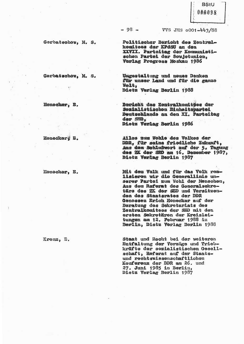 Diplomarbeit Hauptmann Michael Rast (Abt. ⅩⅣ), Major Bernd Rahaus (Abt. ⅩⅣ), Ministerium für Staatssicherheit (MfS) [Deutsche Demokratische Republik (DDR)], Juristische Hochschule (JHS), Vertrauliche Verschlußsache (VVS) o001-443/88, Potsdam 1988, Seite 98 (Dipl.-Arb. MfS DDR JHS VVS o001-443/88 1988, S. 98)