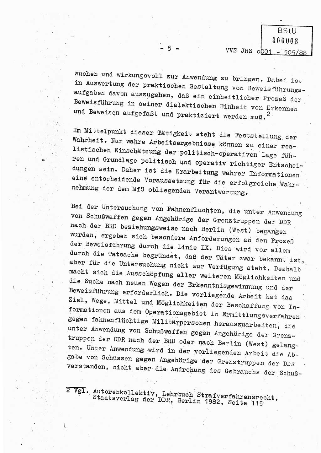 Diplomarbeit Leutnant Frank Schulze (HA Ⅸ/9), Ministerium für Staatssicherheit (MfS) [Deutsche Demokratische Republik (DDR)], Juristische Hochschule (JHS), Vertrauliche Verschlußsache (VVS) o001-505/88, Potsdam 1988, Seite 5 (Dipl.-Arb. MfS DDR JHS VVS o001-505/88 1988, S. 5)