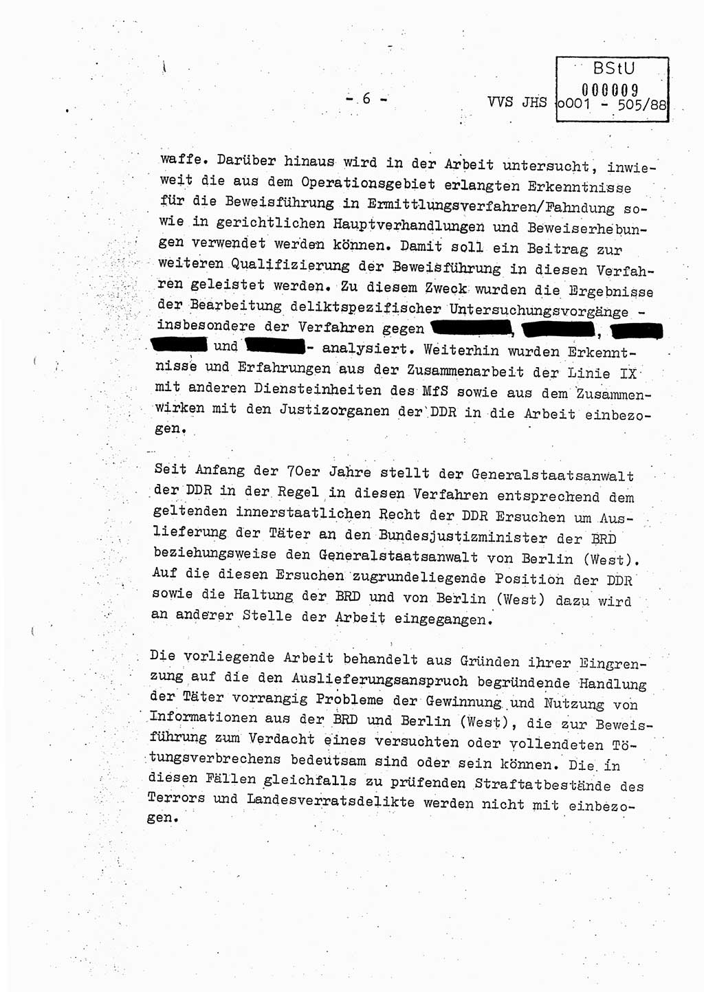 Diplomarbeit Leutnant Frank Schulze (HA Ⅸ/9), Ministerium für Staatssicherheit (MfS) [Deutsche Demokratische Republik (DDR)], Juristische Hochschule (JHS), Vertrauliche Verschlußsache (VVS) o001-505/88, Potsdam 1988, Seite 6 (Dipl.-Arb. MfS DDR JHS VVS o001-505/88 1988, S. 6)