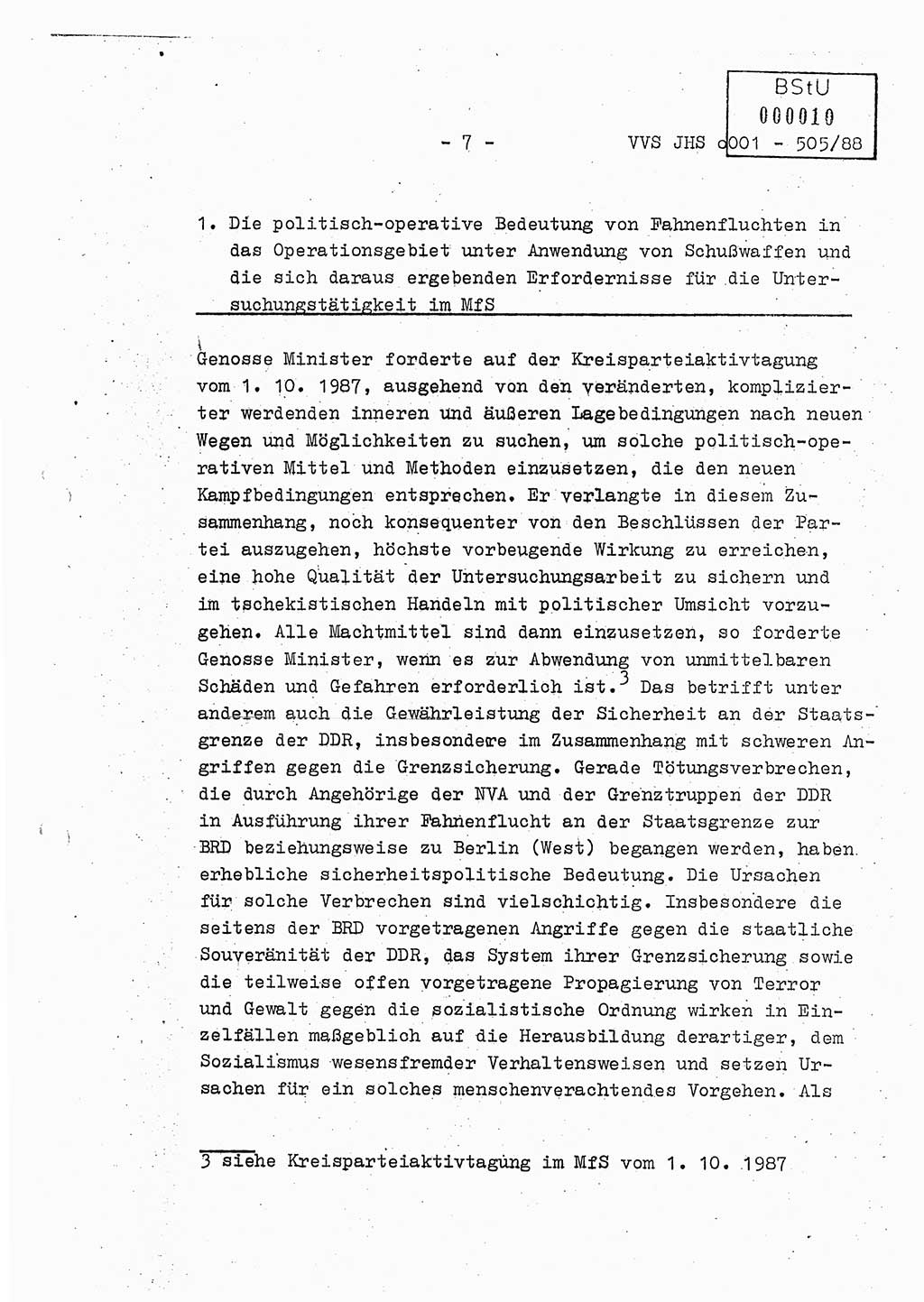 Diplomarbeit Leutnant Frank Schulze (HA Ⅸ/9), Ministerium für Staatssicherheit (MfS) [Deutsche Demokratische Republik (DDR)], Juristische Hochschule (JHS), Vertrauliche Verschlußsache (VVS) o001-505/88, Potsdam 1988, Seite 7 (Dipl.-Arb. MfS DDR JHS VVS o001-505/88 1988, S. 7)