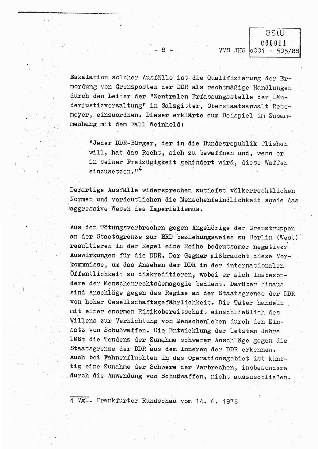Diplomarbeit Leutnant Frank Schulze (HA Ⅸ/9), Ministerium für Staatssicherheit (MfS) [Deutsche Demokratische Republik (DDR)], Juristische Hochschule (JHS), Vertrauliche Verschlußsache (VVS) o001-505/88, Potsdam 1988, Seite 8 (Dipl.-Arb. MfS DDR JHS VVS o001-505/88 1988, S. 8)