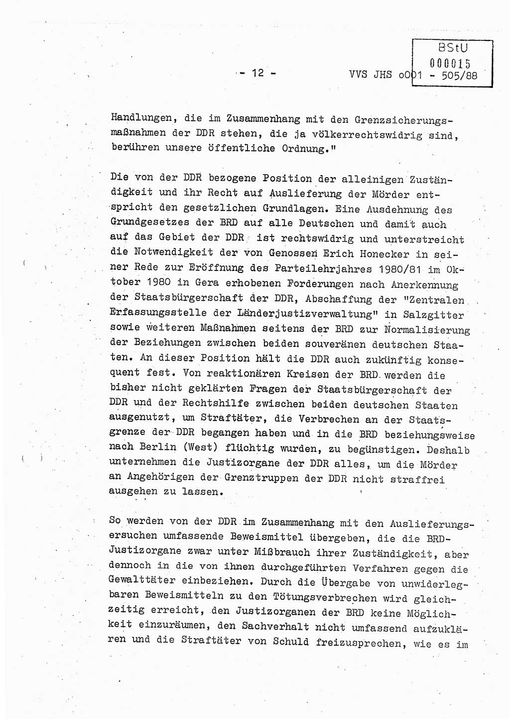 Diplomarbeit Leutnant Frank Schulze (HA Ⅸ/9), Ministerium für Staatssicherheit (MfS) [Deutsche Demokratische Republik (DDR)], Juristische Hochschule (JHS), Vertrauliche Verschlußsache (VVS) o001-505/88, Potsdam 1988, Seite 12 (Dipl.-Arb. MfS DDR JHS VVS o001-505/88 1988, S. 12)