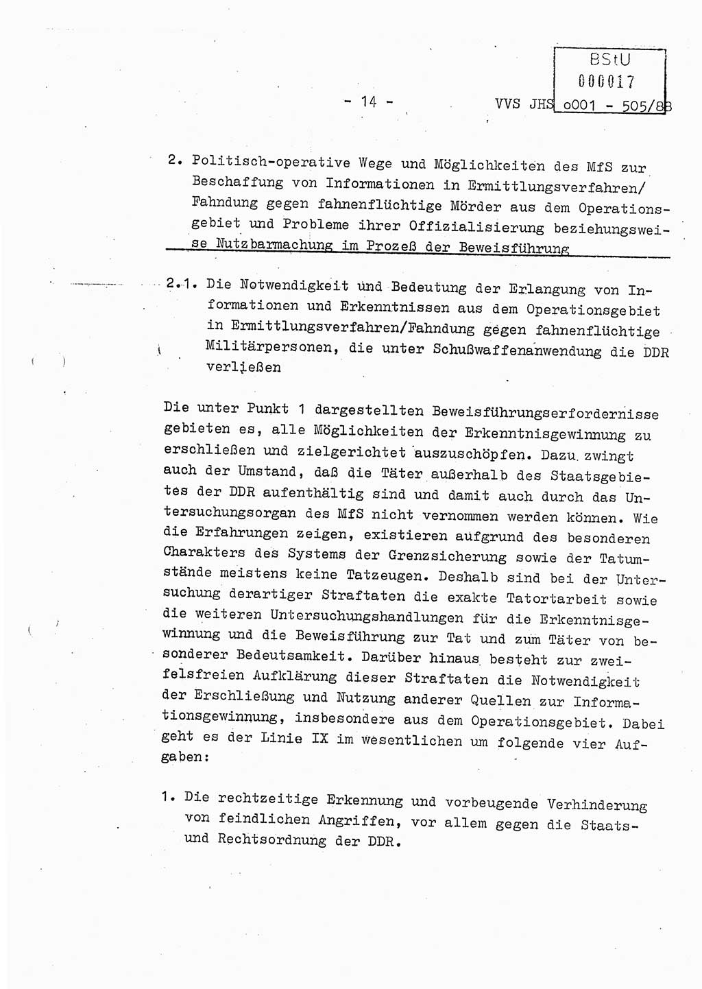 Diplomarbeit Leutnant Frank Schulze (HA Ⅸ/9), Ministerium für Staatssicherheit (MfS) [Deutsche Demokratische Republik (DDR)], Juristische Hochschule (JHS), Vertrauliche Verschlußsache (VVS) o001-505/88, Potsdam 1988, Seite 14 (Dipl.-Arb. MfS DDR JHS VVS o001-505/88 1988, S. 14)