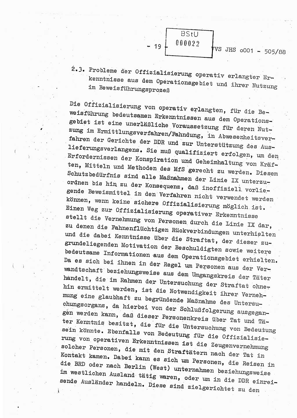 Diplomarbeit Leutnant Frank Schulze (HA Ⅸ/9), Ministerium für Staatssicherheit (MfS) [Deutsche Demokratische Republik (DDR)], Juristische Hochschule (JHS), Vertrauliche Verschlußsache (VVS) o001-505/88, Potsdam 1988, Seite 19 (Dipl.-Arb. MfS DDR JHS VVS o001-505/88 1988, S. 19)